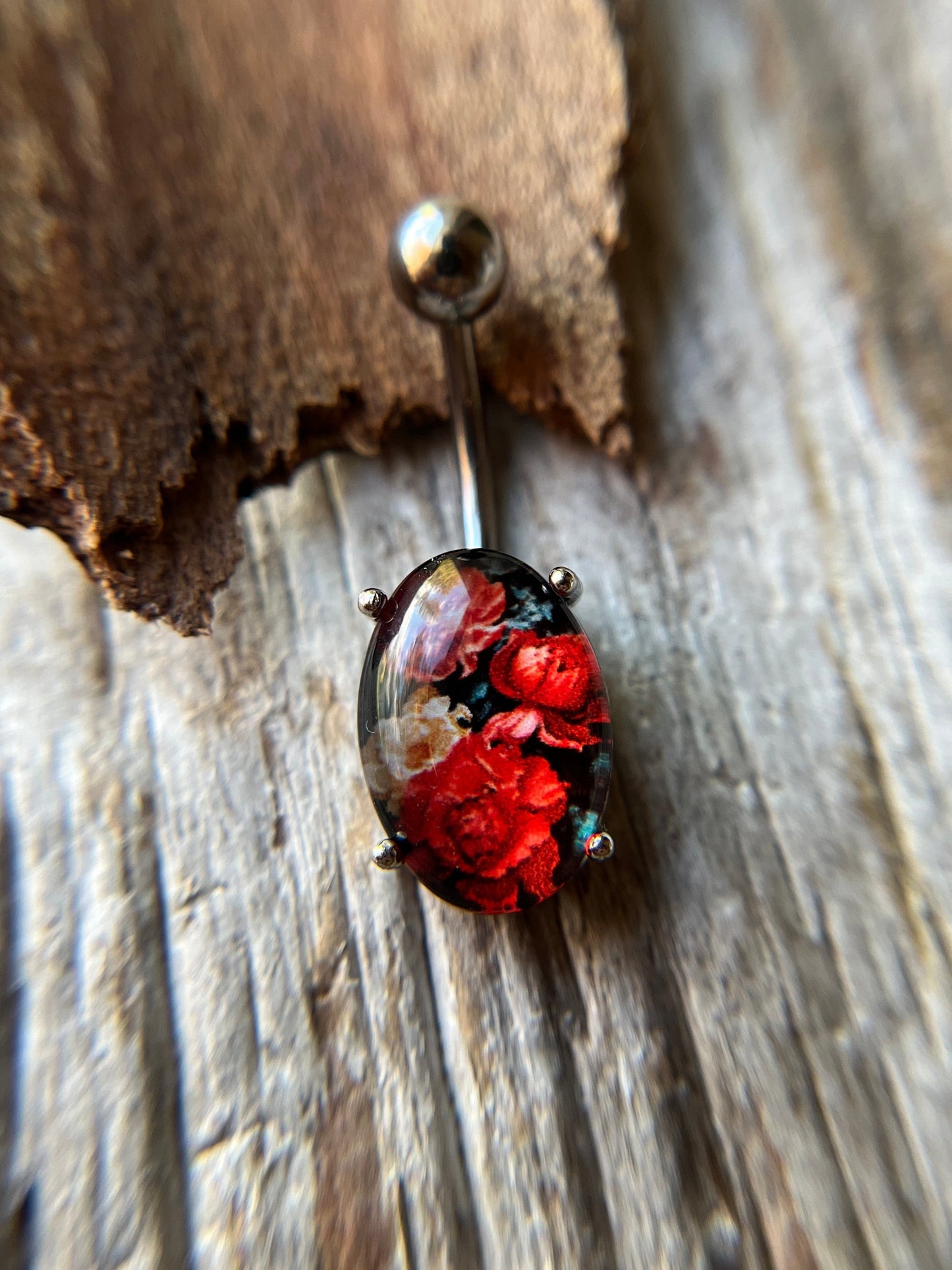 Floral Glass Cabochon Pronged Oval Belly Ring 316L Surgical Steel {Roses}