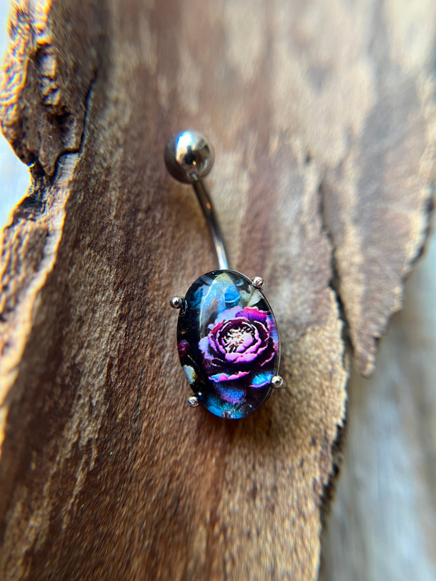 Floral Glass Cabochon Pronged Oval Belly Ring 316L Surgical Steel {Roses}