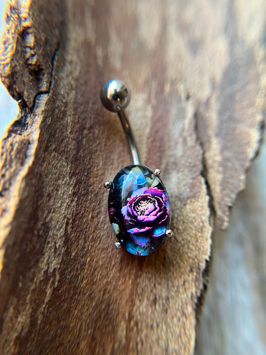 Floral Glass Cabochon Pronged Oval Belly Ring 316L Surgical Steel {Lotus}