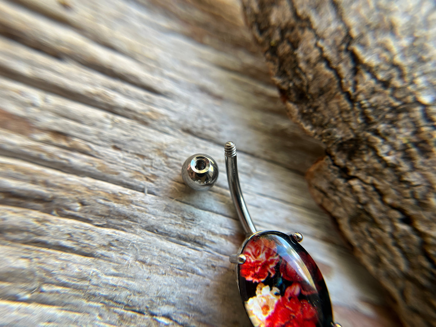 Floral Glass Cabochon Pronged Oval Belly Ring 316L Surgical Steel {Roses}