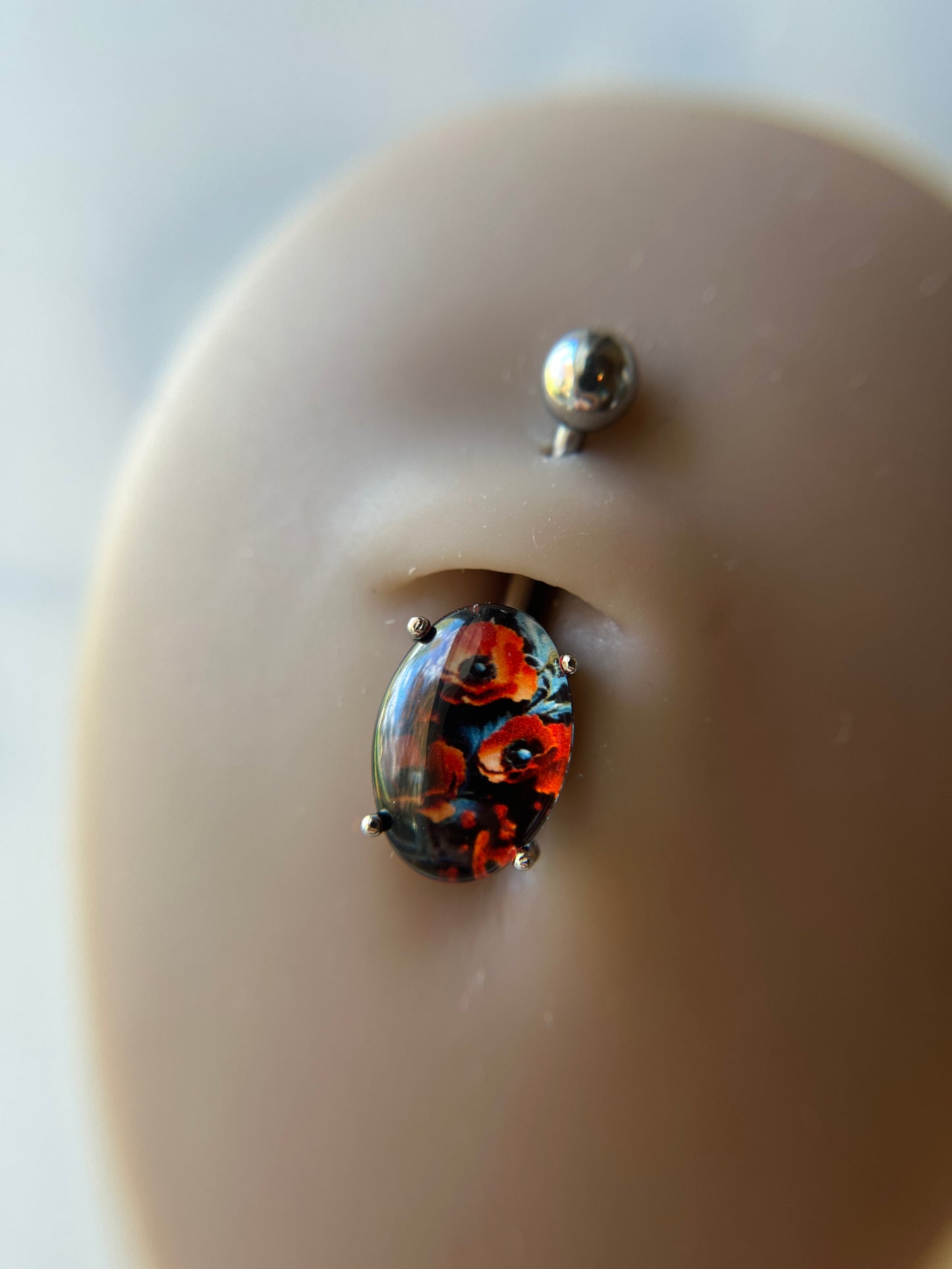 Floral Glass Cabochon Pronged Oval Belly Ring 316L Surgical Steel {Roses}