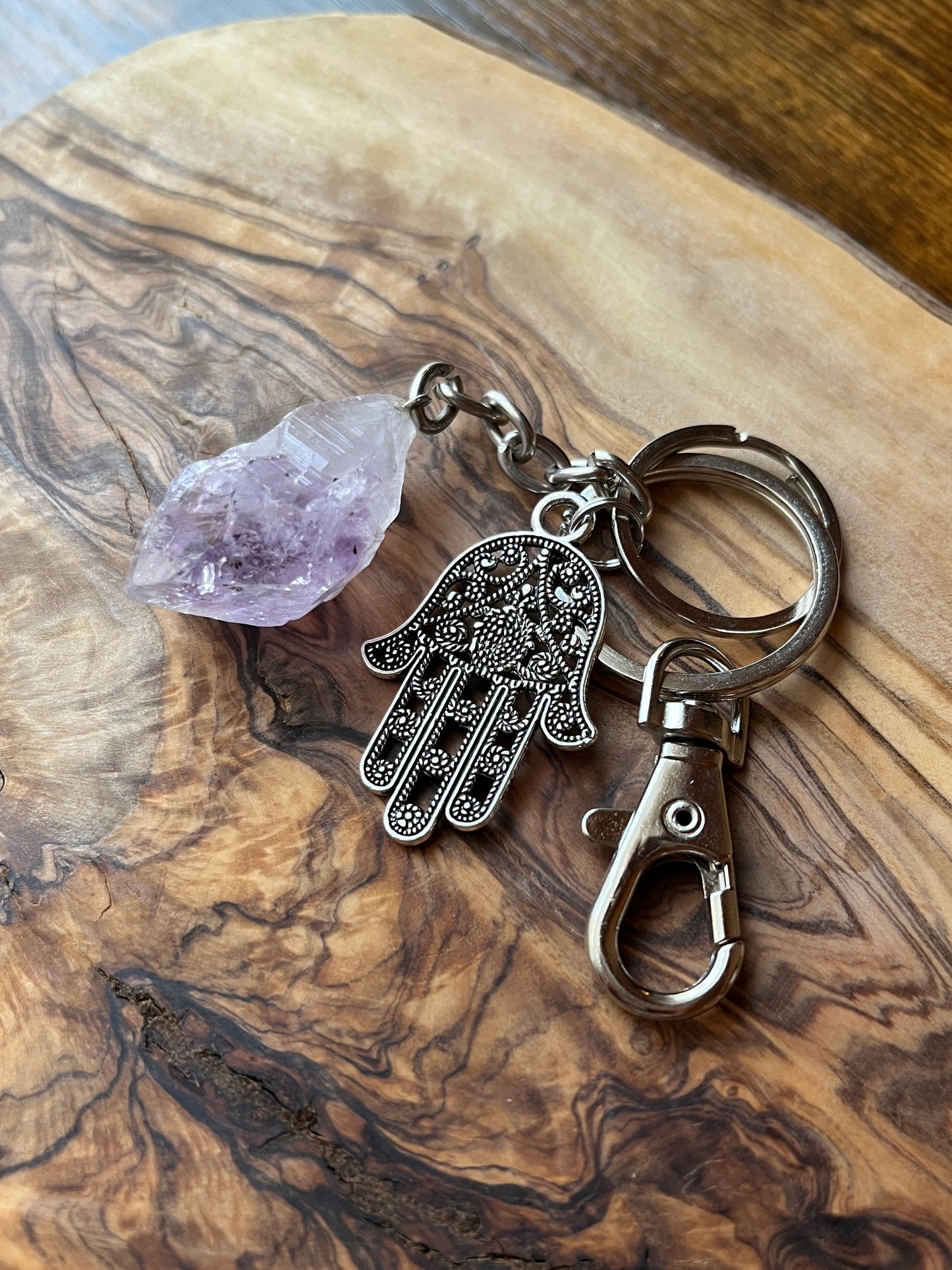 Raw Crystal Natural Amethyst Stone Specimen Stainless Steel Keychain {Hamsa Hand}