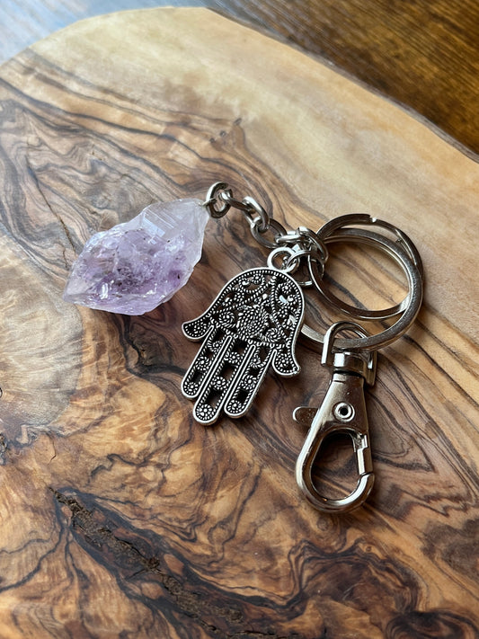 Raw Crystal Natural Amethyst Stone Specimen Stainless Steel Keychain {Hamsa Hand}