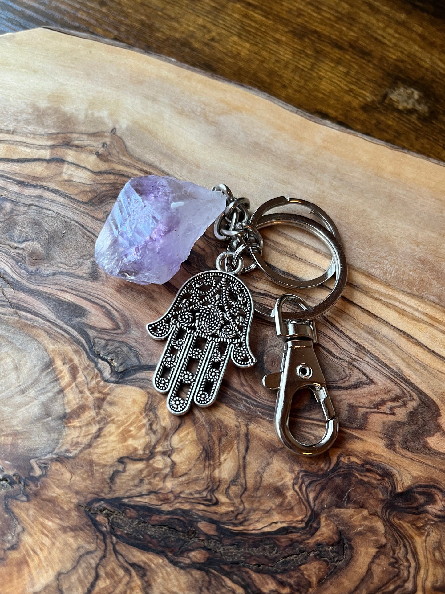 Raw Crystal Natural Amethyst Stone Specimen Stainless Steel Keychain {Hamsa Hand}