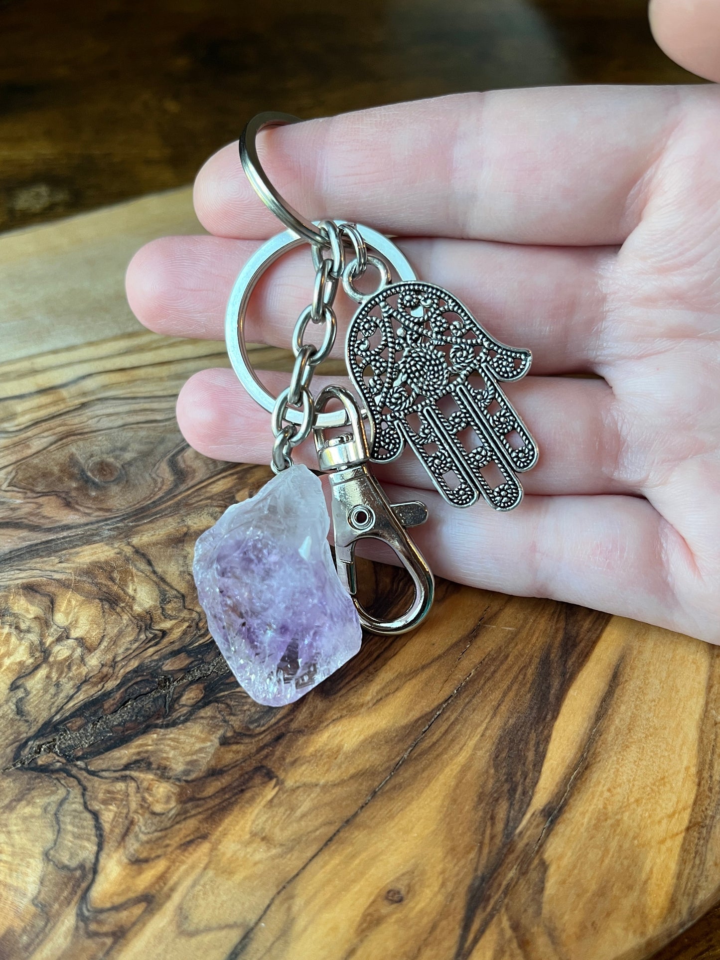 Raw Crystal Natural Amethyst Stone Specimen Stainless Steel Keychain {Hamsa Hand}