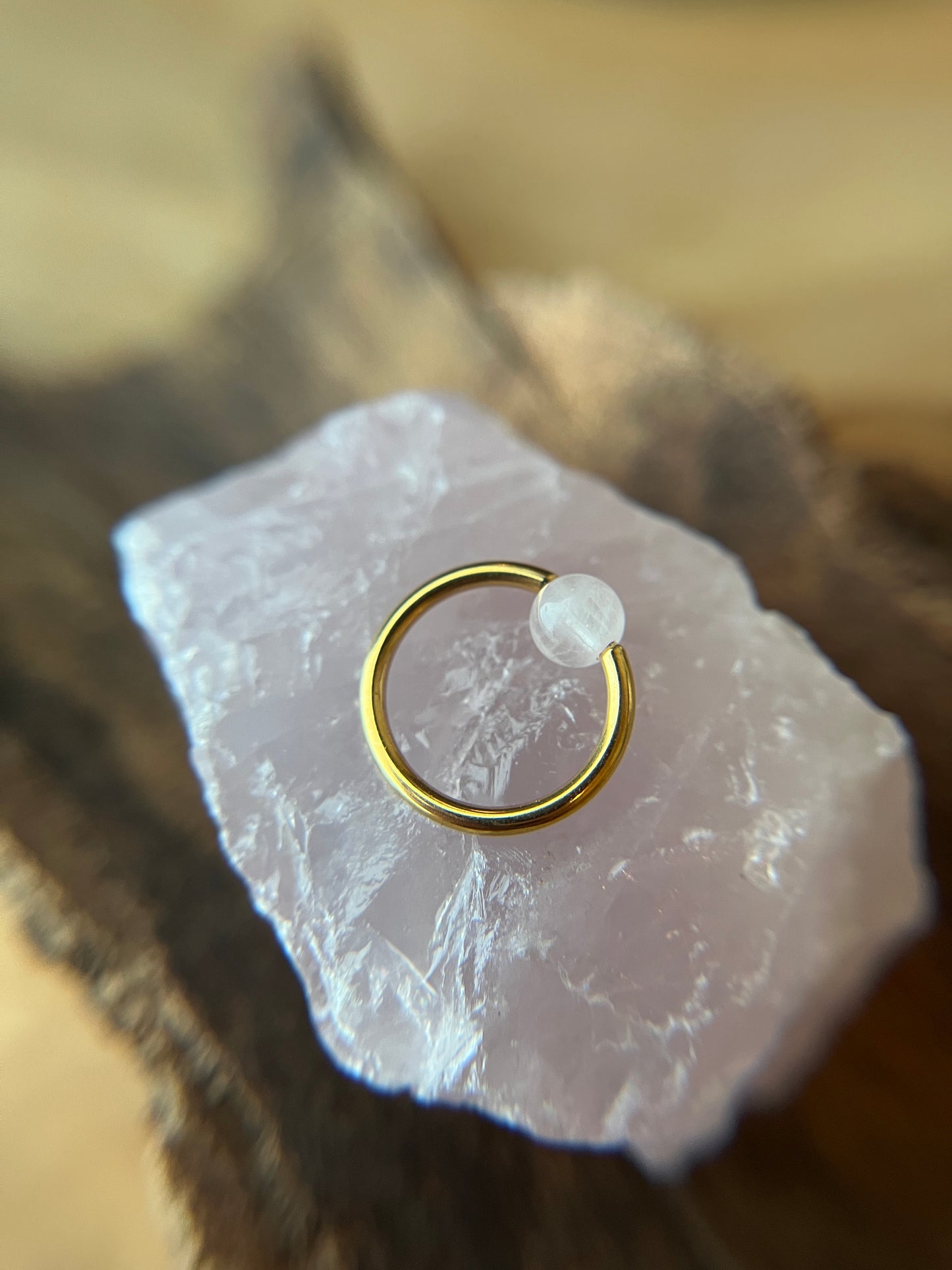 Rose Quartz Natural Stone Gold Titanium Ion Plated CBR Ring