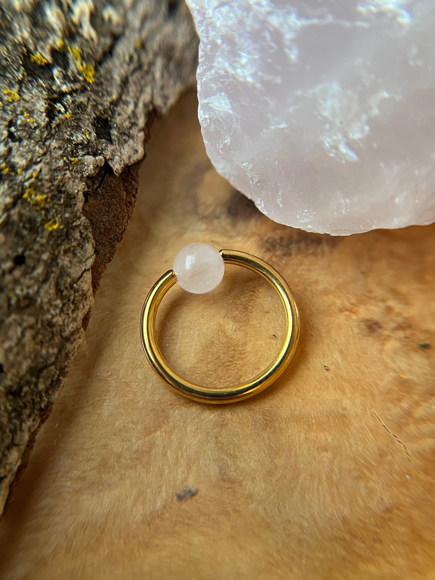 Rose Quartz Natural Stone Gold Titanium Ion Plated CBR Ring