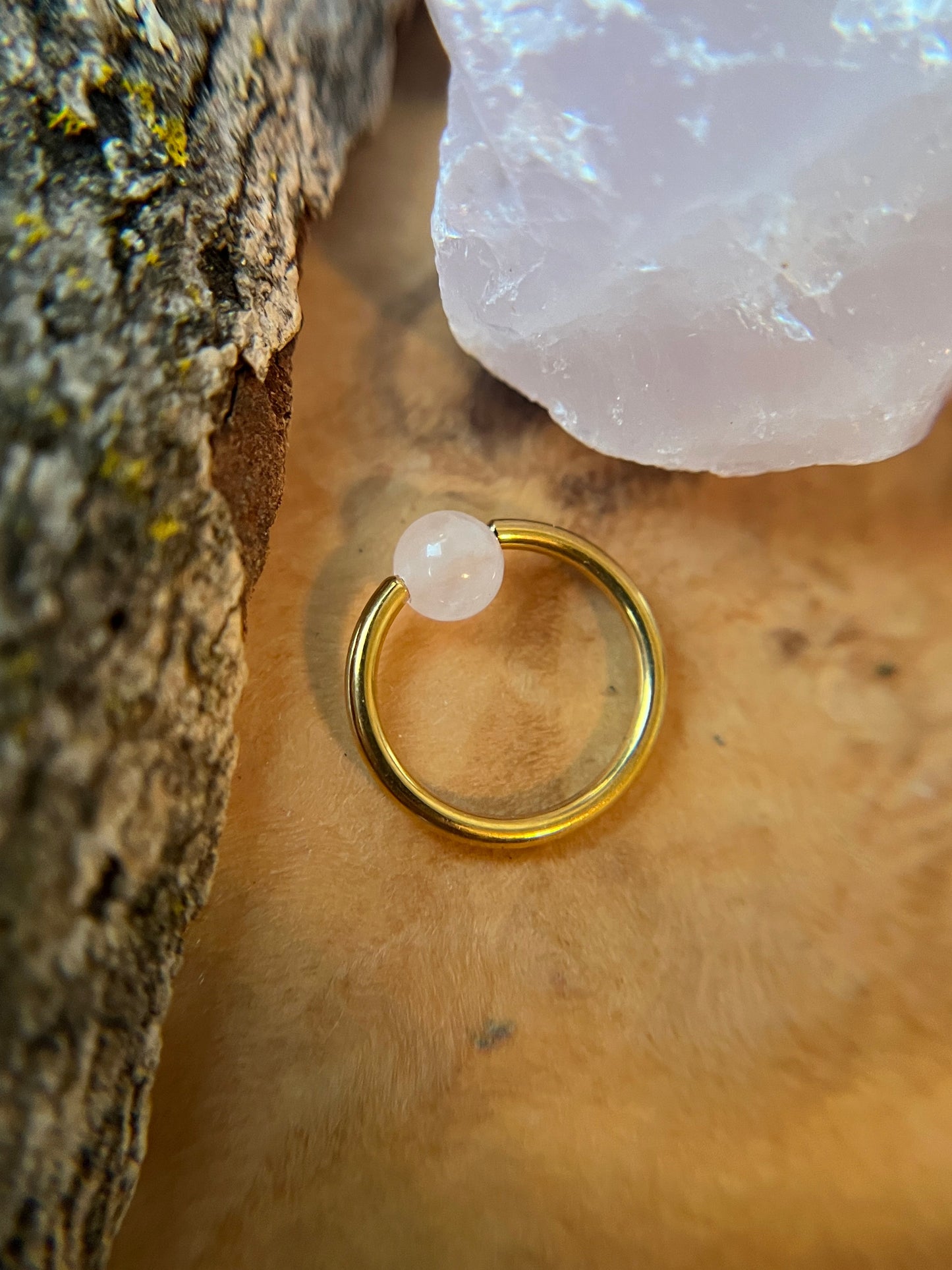 Rose Quartz Natural Stone Gold Titanium Ion Plated CBR Ring
