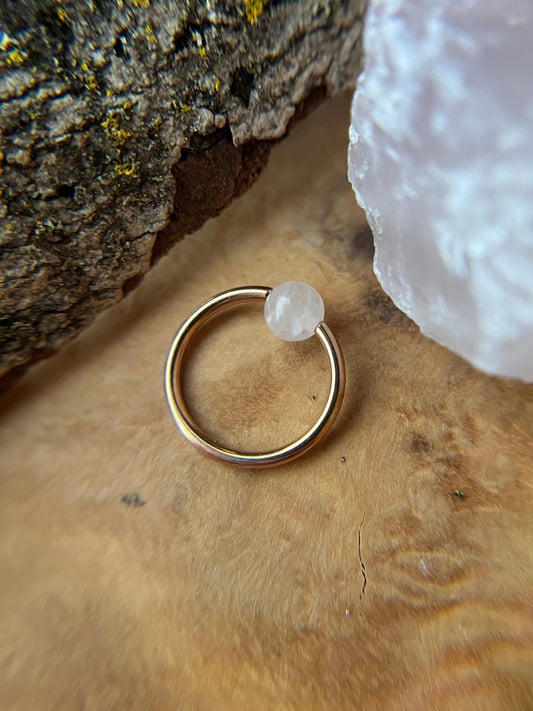 Rose Quartz Natural Stone Rose Gold Titanium Ion Plated CBR Ring