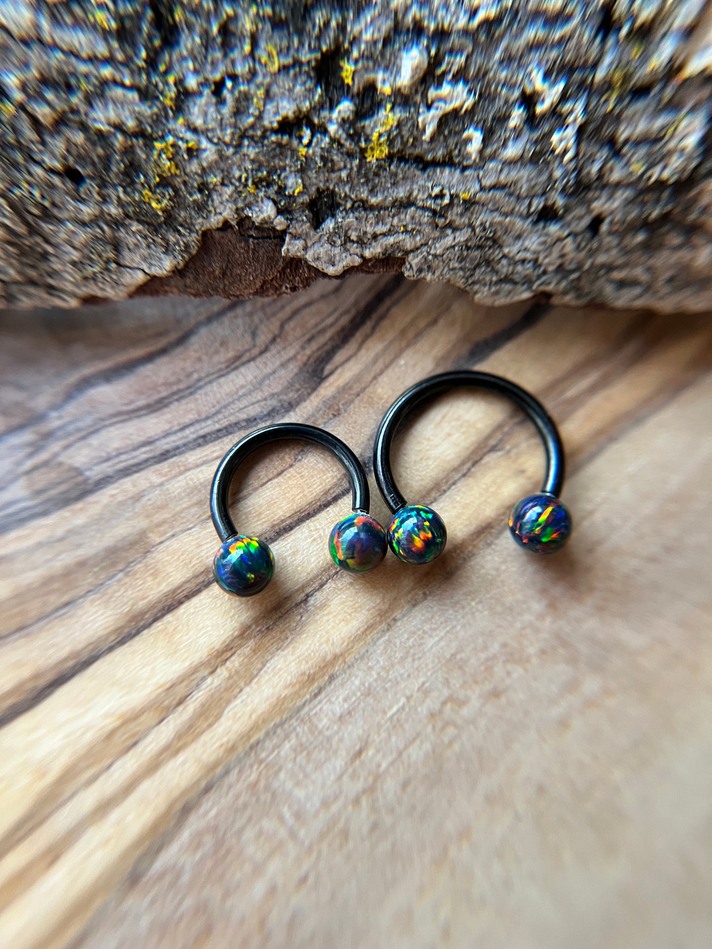 Fire Opal Internally Threaded Black Titanium Ion Plated Horseshoe Ring