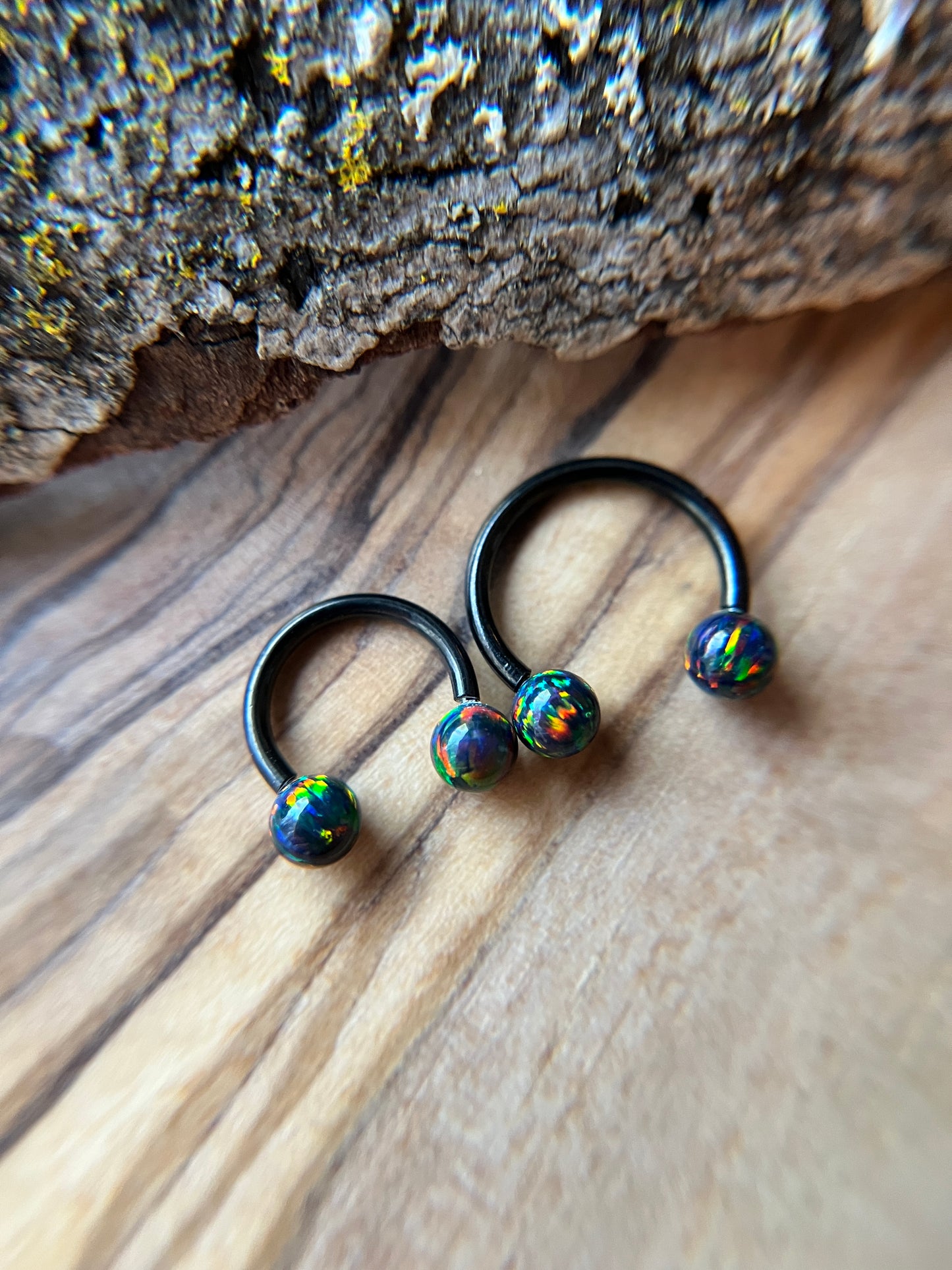 Fire Opal Internally Threaded Black Titanium Ion Plated Horseshoe Ring