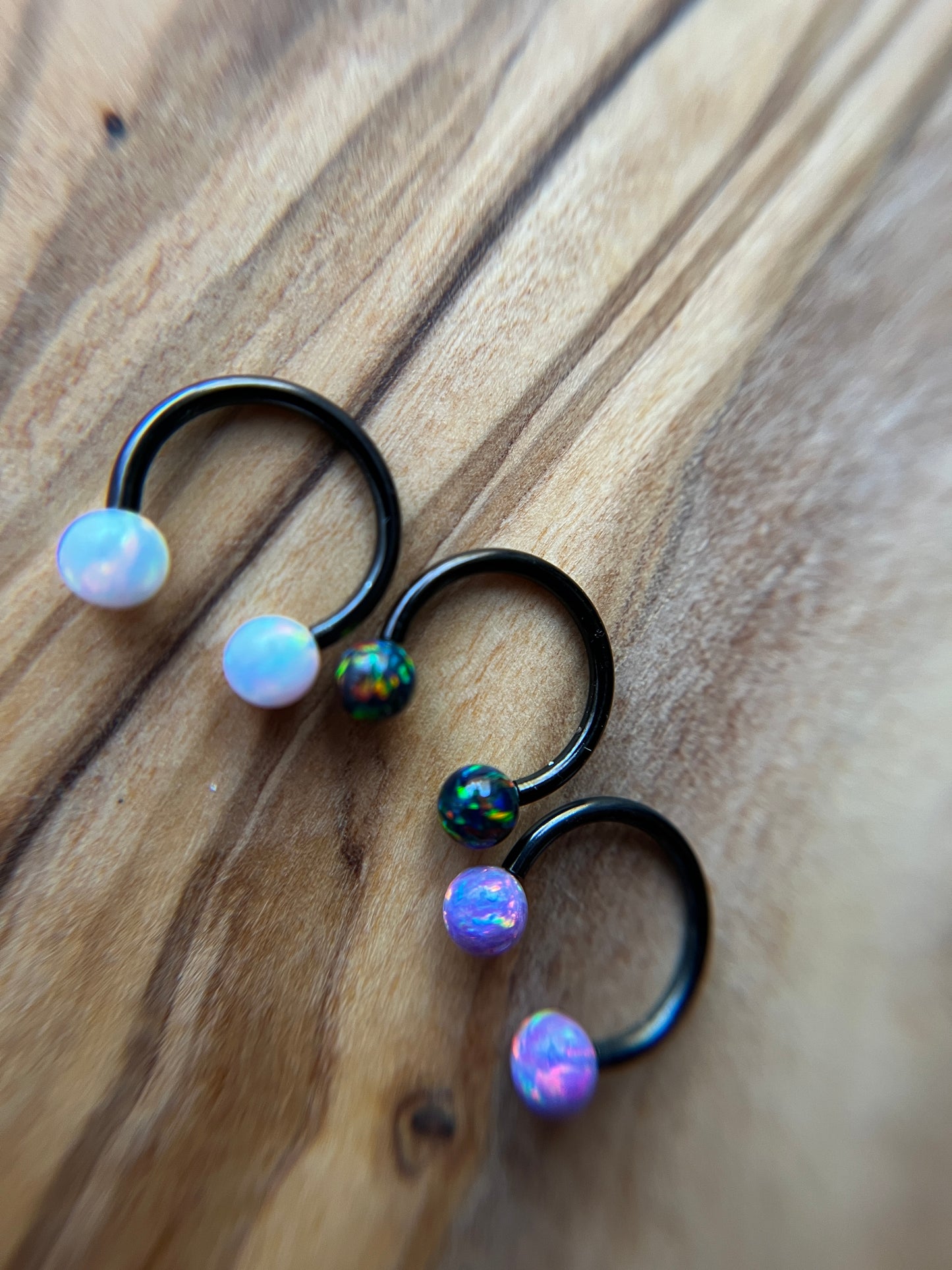 Fire Opal Internally Threaded Black Titanium Ion Plated Horseshoe Ring