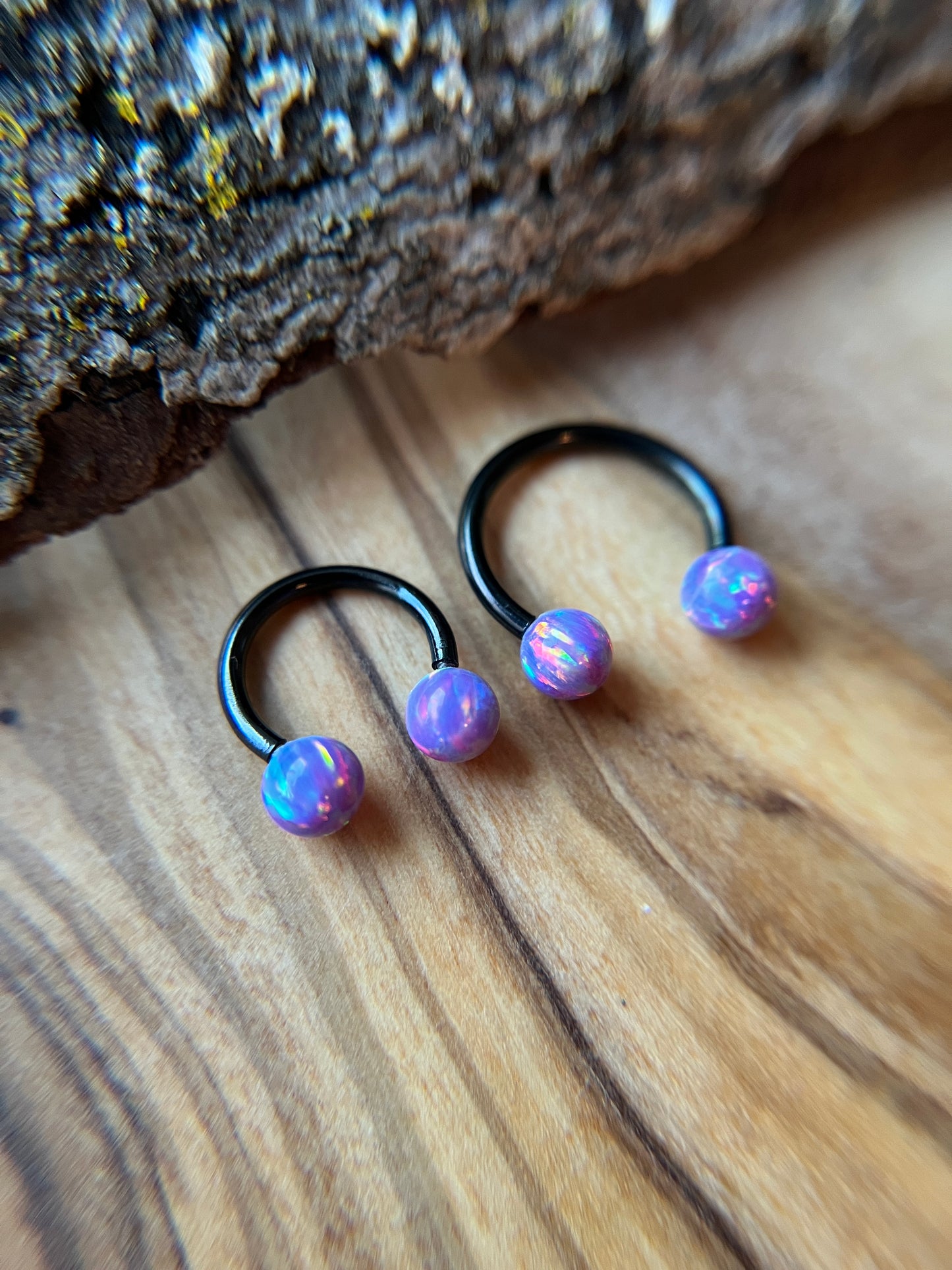 Fire Opal Internally Threaded Black Titanium Ion Plated Horseshoe Ring