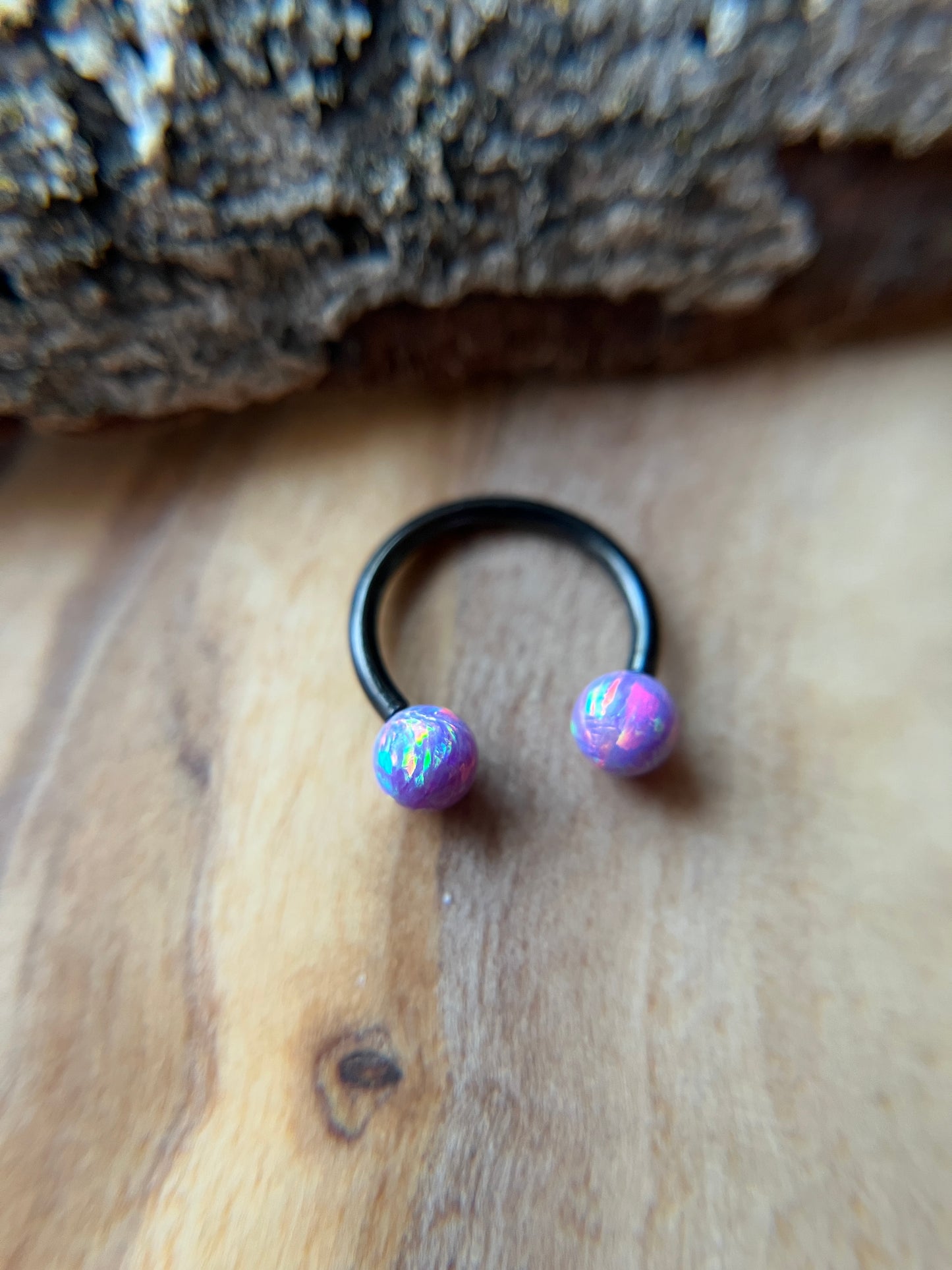 Fire Opal Internally Threaded Black Titanium Ion Plated Horseshoe Ring