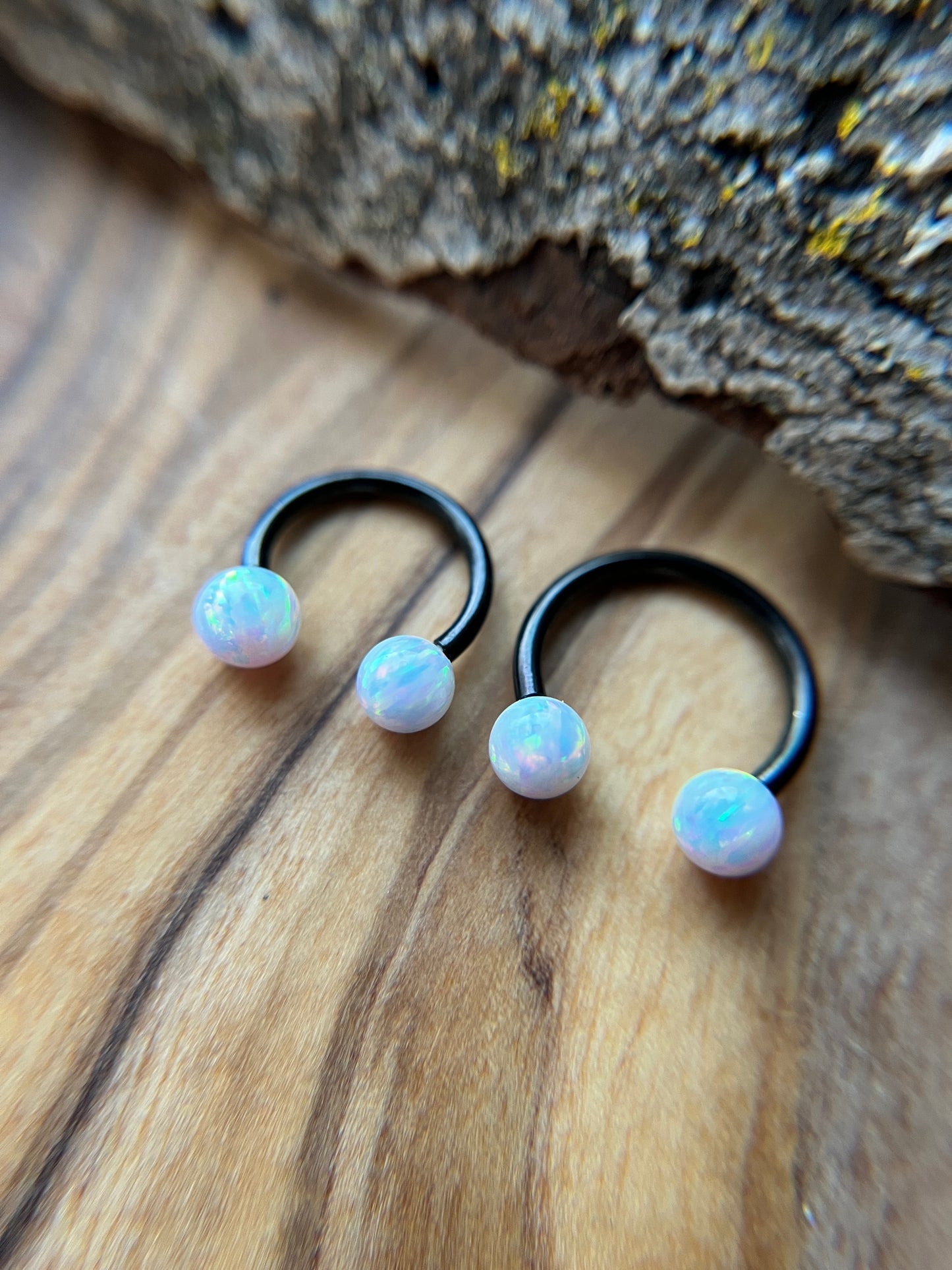 Fire Opal Internally Threaded Black Titanium Ion Plated Horseshoe Ring