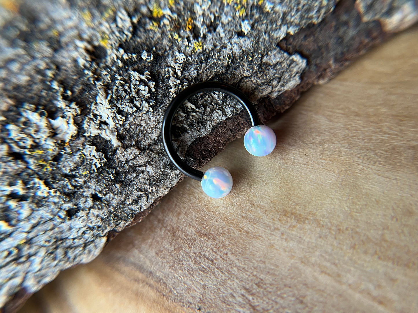 Fire Opal Internally Threaded Black Titanium Ion Plated Horseshoe Ring