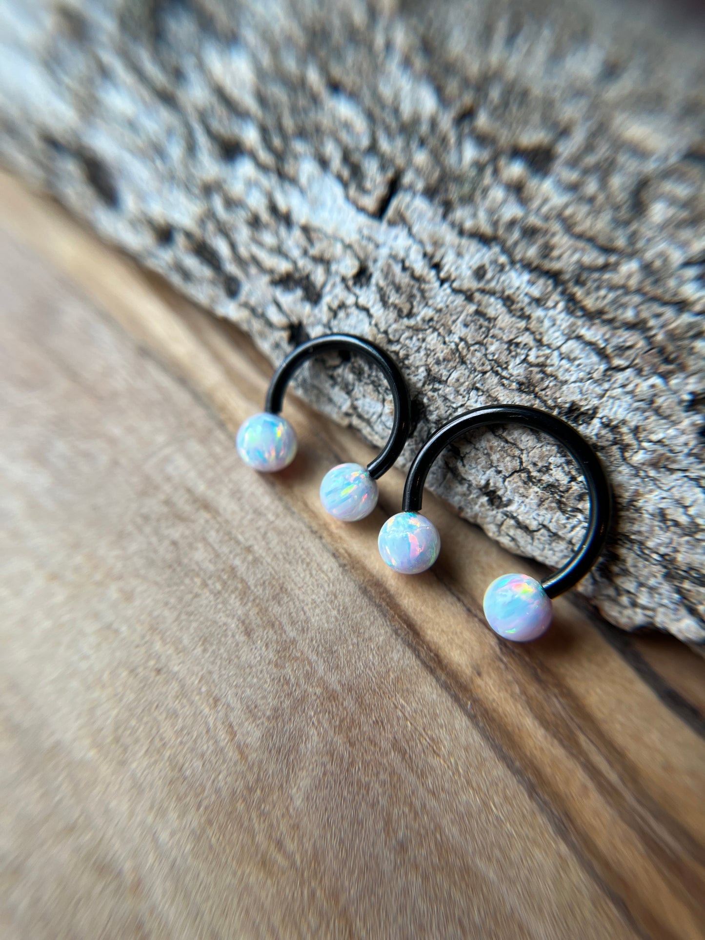 Fire Opal Internally Threaded Black Titanium Ion Plated Horseshoe Ring