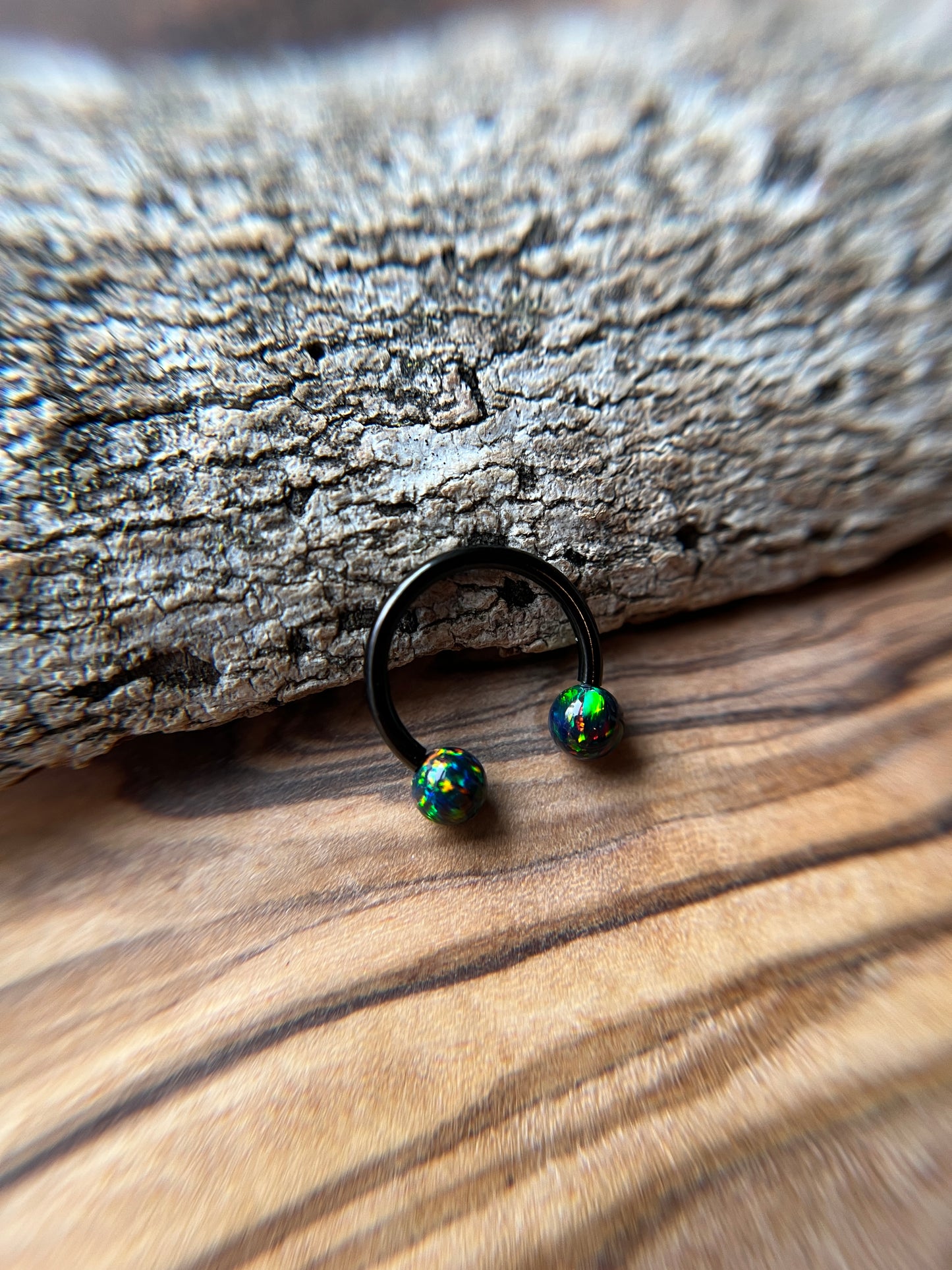 Fire Opal Internally Threaded Black Titanium Ion Plated Horseshoe Ring