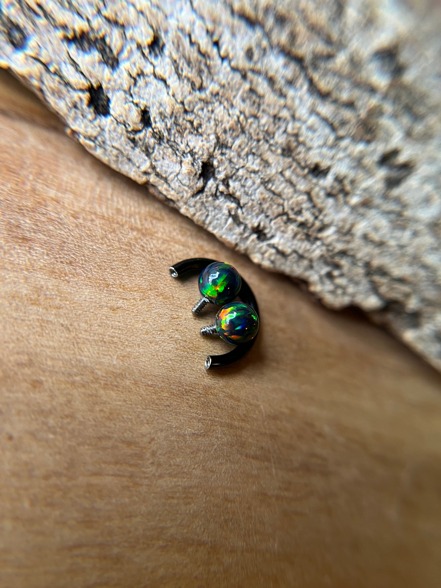 Fire Opal Internally Threaded Black Titanium Ion Plated Horseshoe Ring