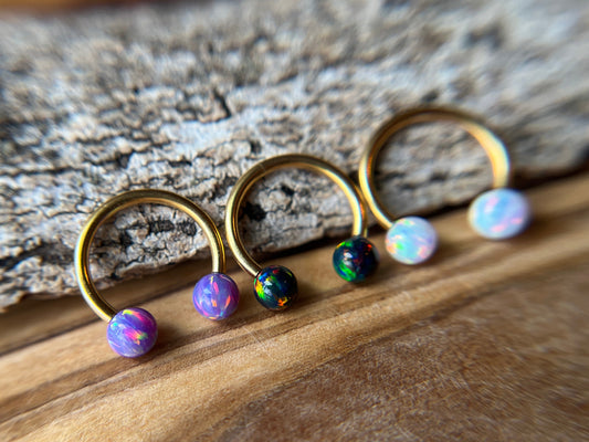 Fire Opal Internally Threaded Gold Titanium Ion Plated Horseshoe Ring