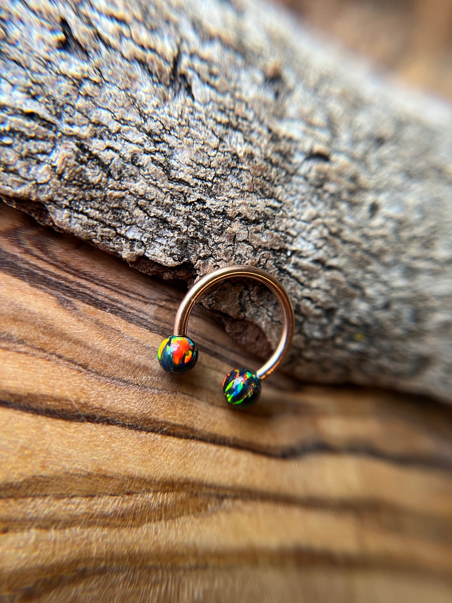 Fire Opal Internally Threaded Rose Gold Titanium Ion Plated Horseshoe Ring