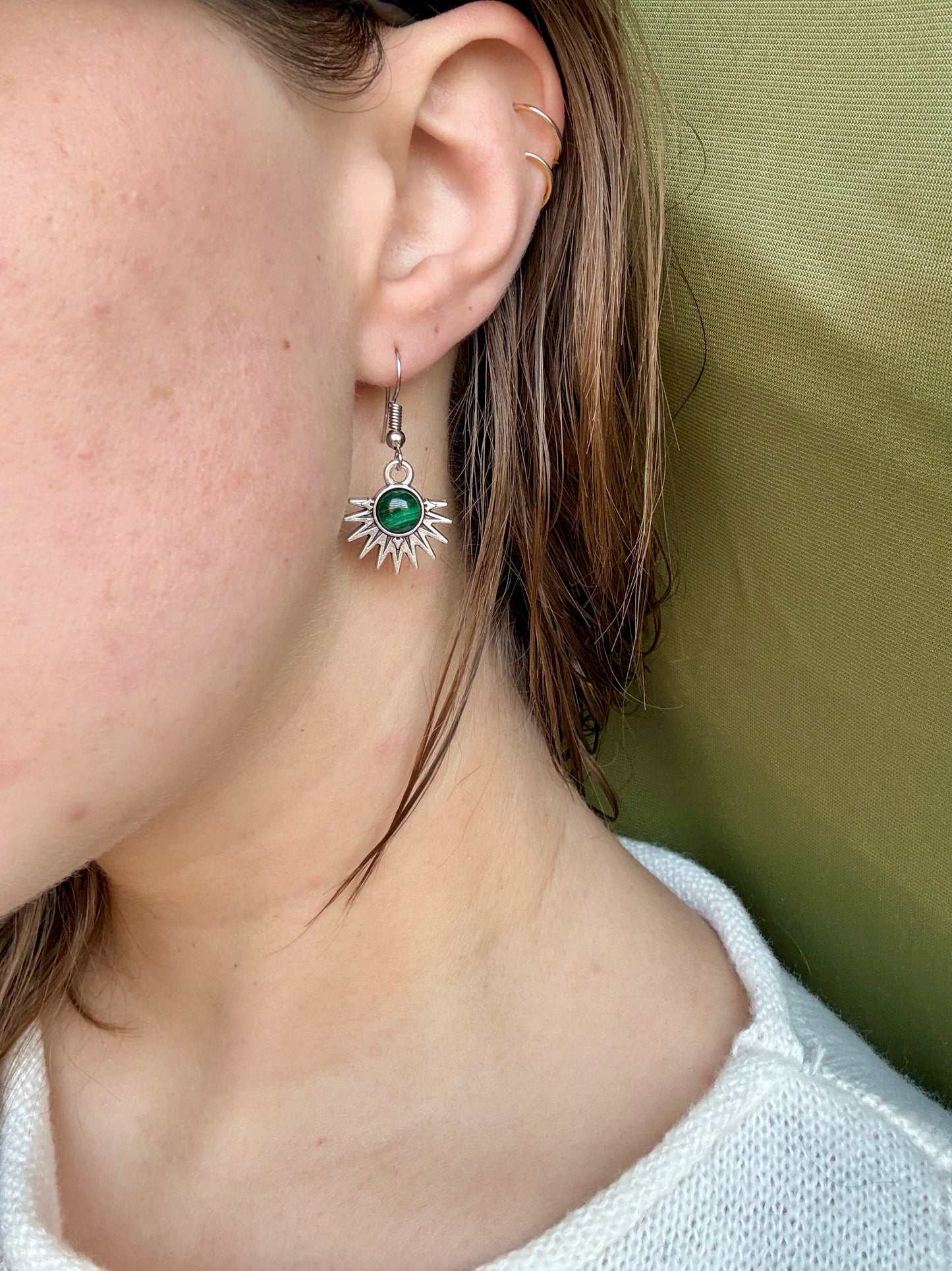 Malachite Natural Stone Aztec Sun Earrings