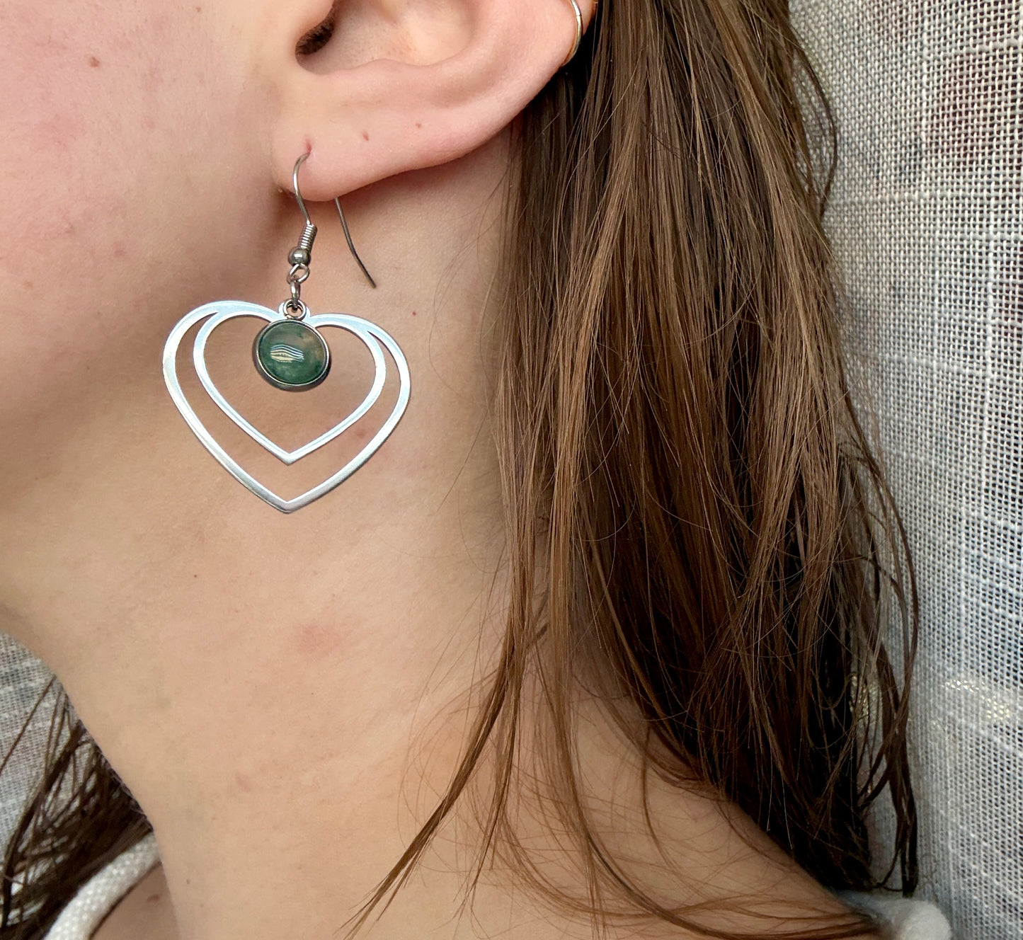 Moss Agate Natural Stone Y2K Style Heart Earrings