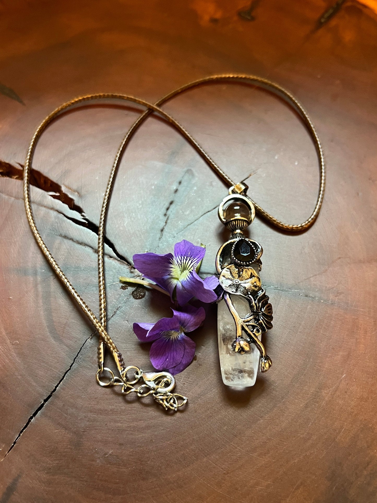 Lotus Flower & Lily Pad Faceted Natural Stone Pendant Necklace