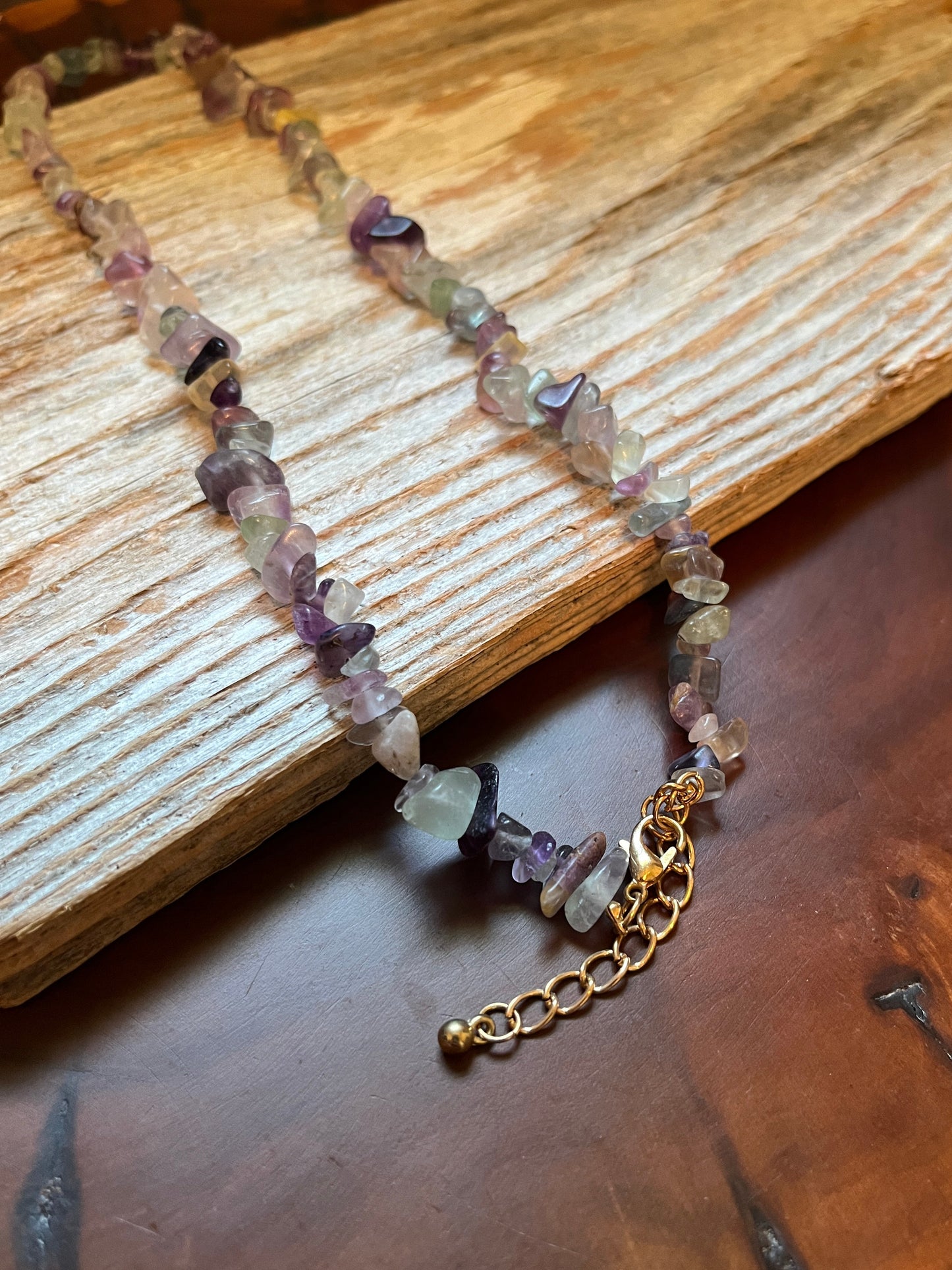 Rainbow Fluorite Natural Stone Chip Choker Necklace with Gold Accents