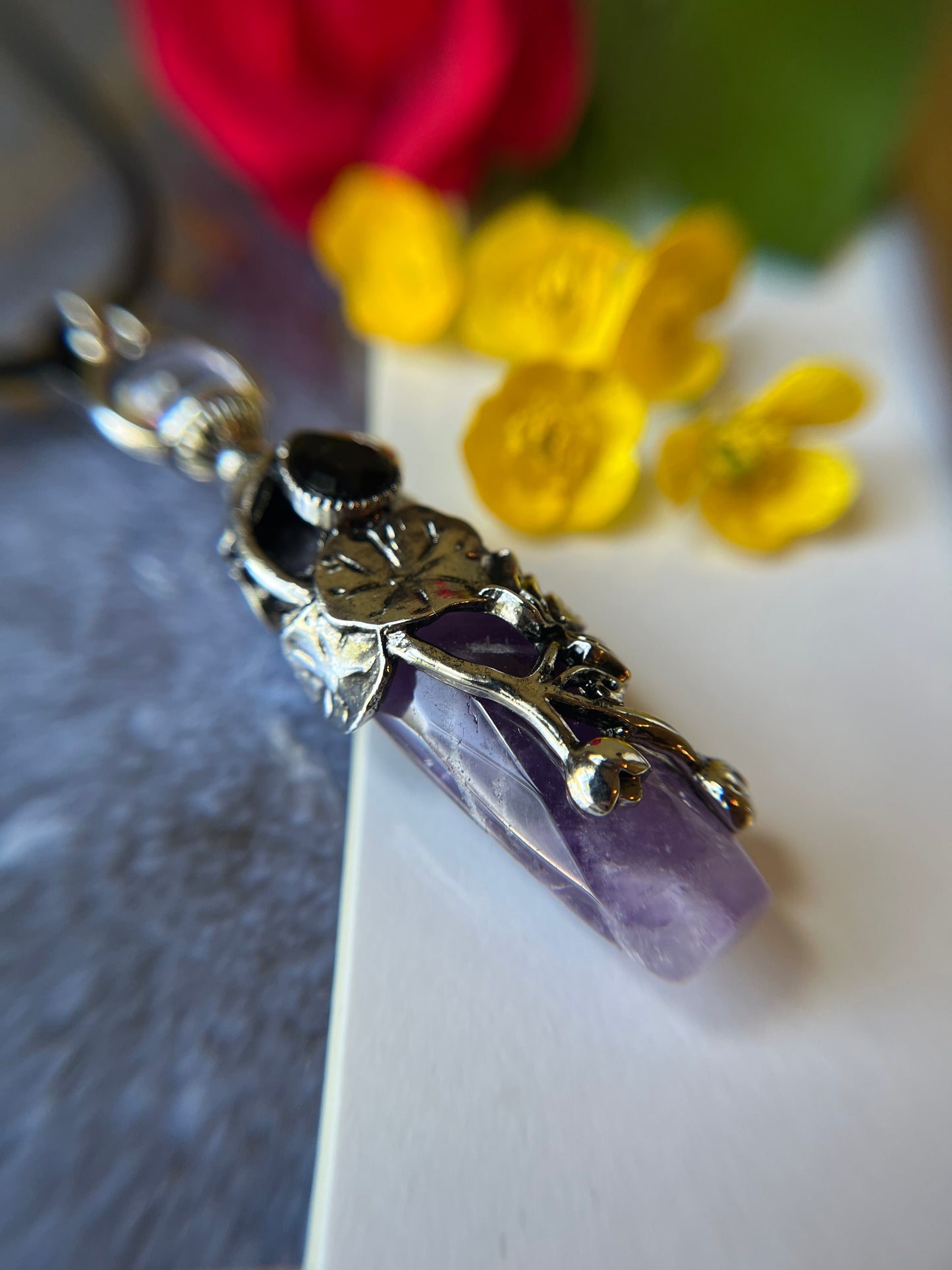 Lotus Flower & Lily Pad Faceted Natural Stone Pendant Necklace
