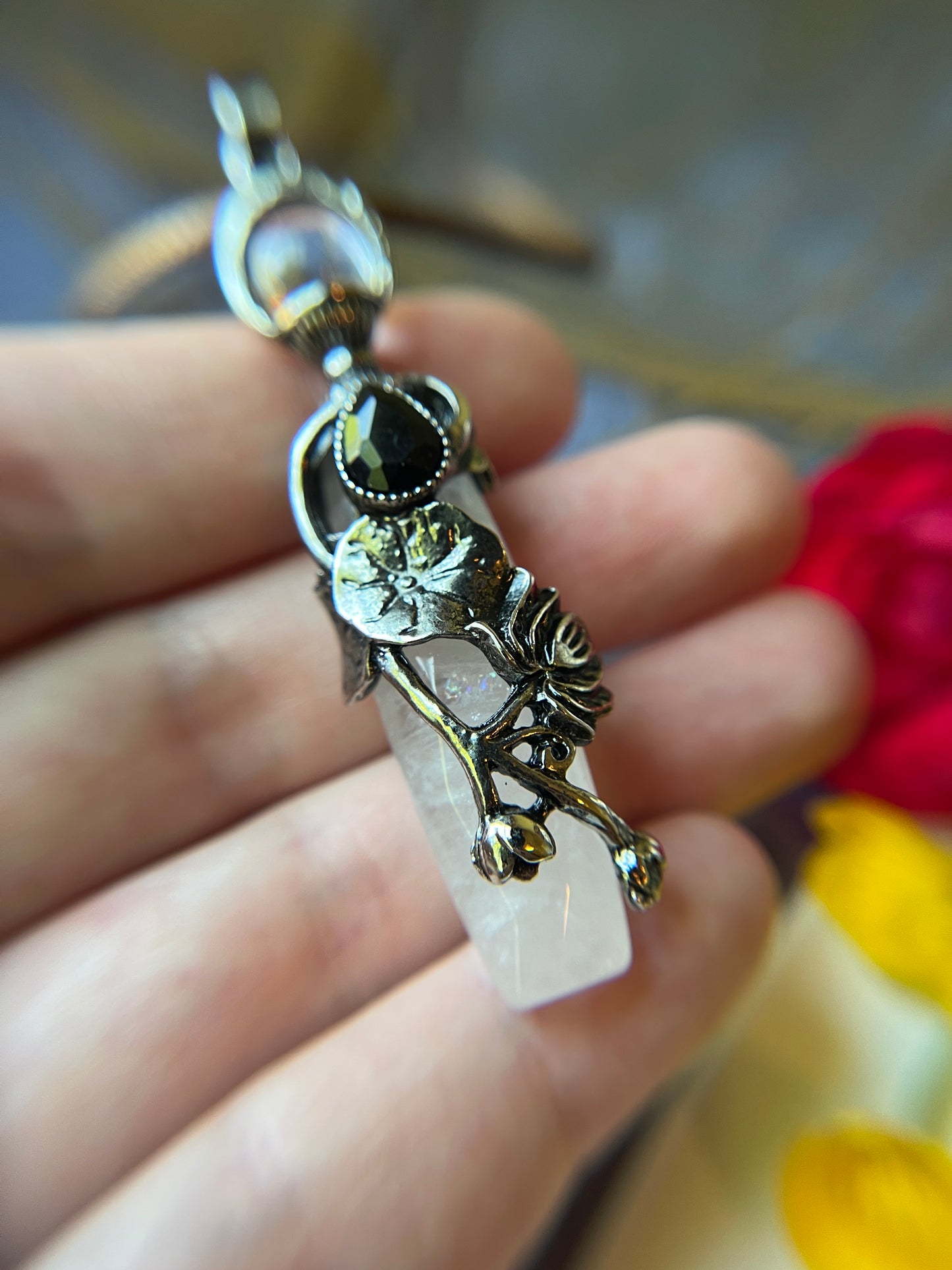 Lotus Flower & Lily Pad Faceted Natural Stone Pendant Necklace