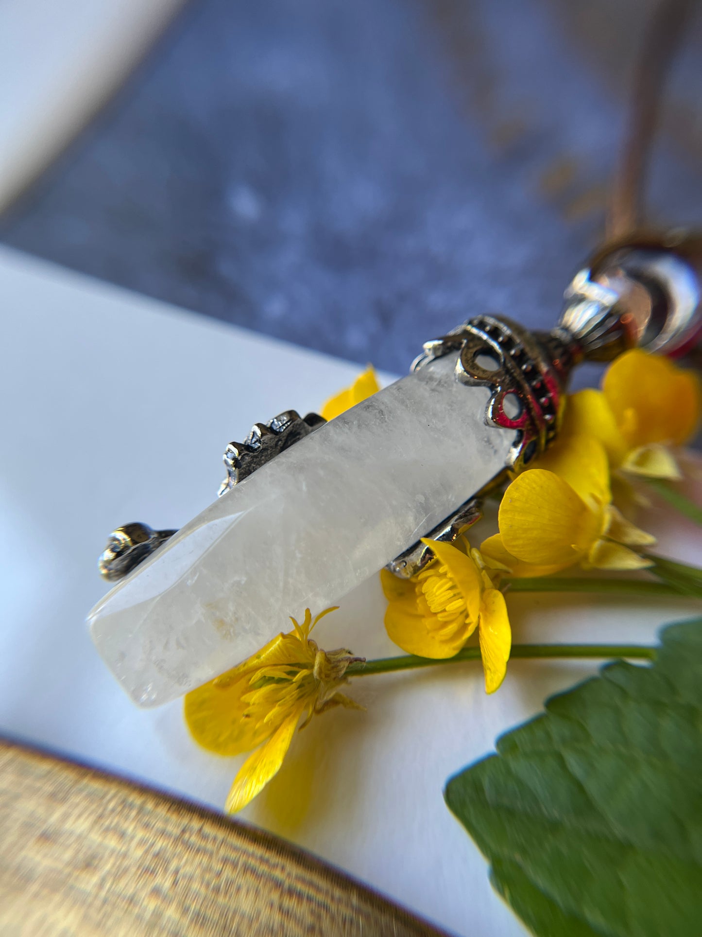 Lotus Flower & Lily Pad Faceted Natural Stone Pendant Necklace