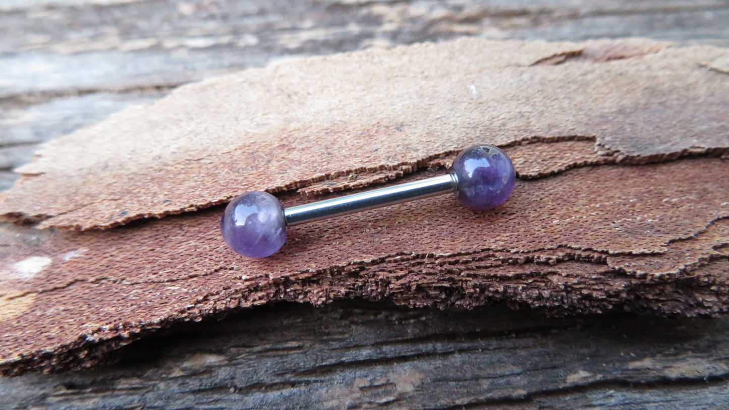 Amethyst Natural Stone ASTM F-136 Implant Grade Titanium Tongue Nipple Barbell