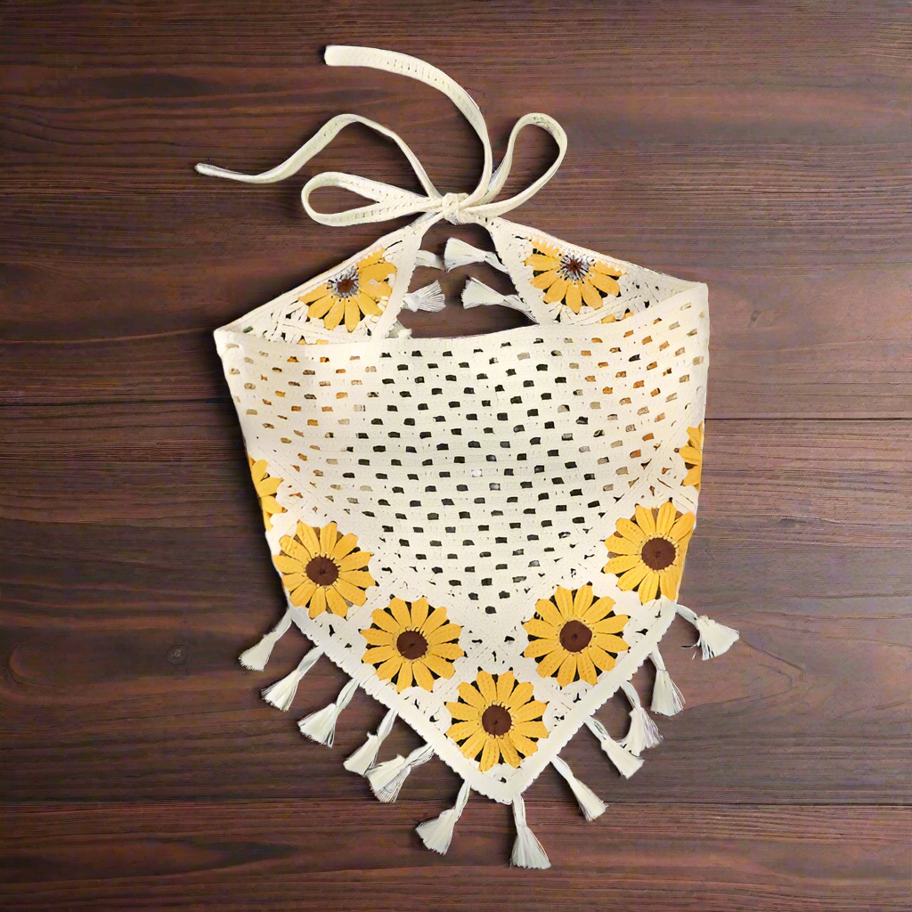 Boho Yellow Daisy Crochet Headscarf with Tassels