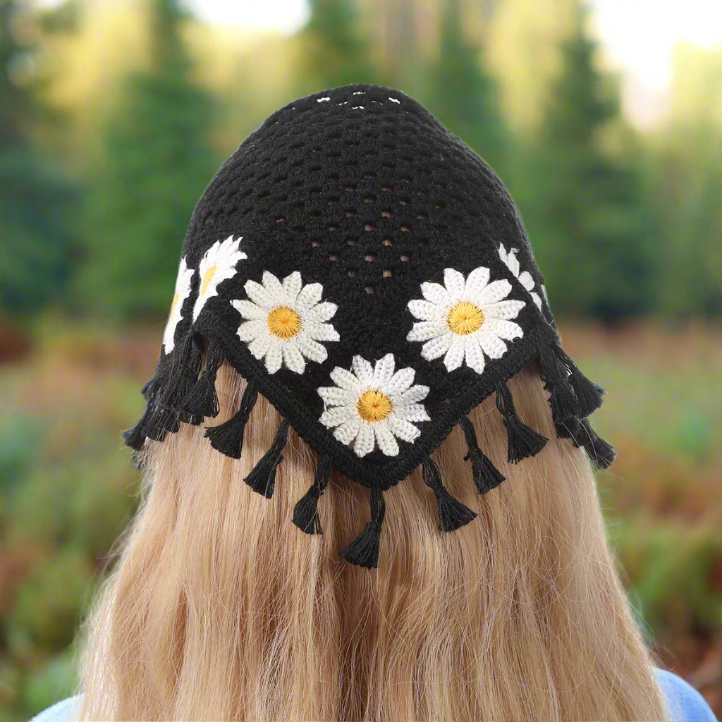 Boho Black Daisy Crochet Headscarf with Tassels