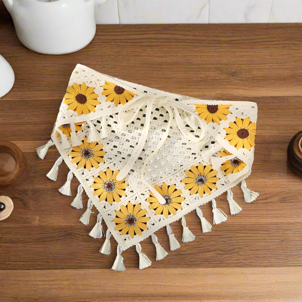 Boho Yellow Daisy Crochet Headscarf with Tassels