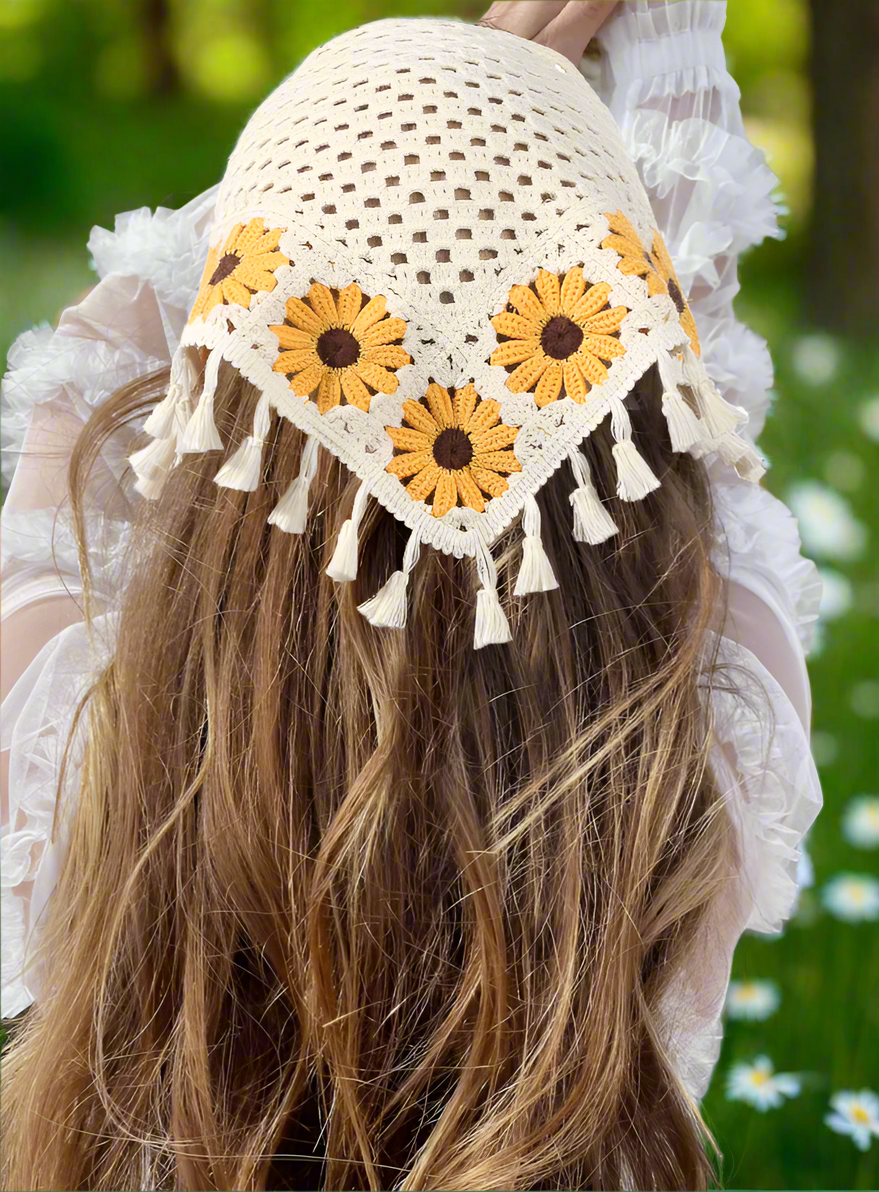 Boho Yellow Daisy Crochet Headscarf with Tassels