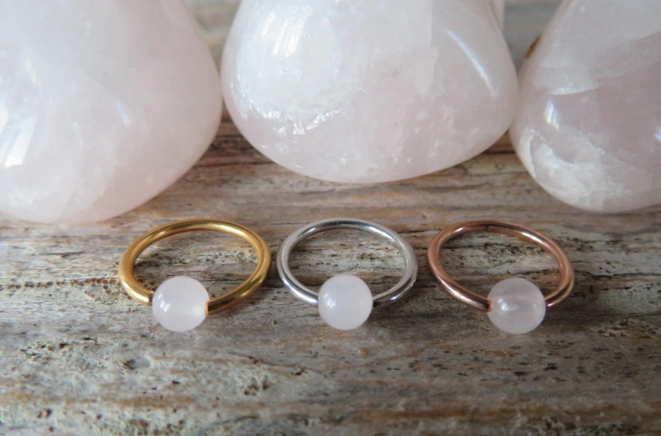 Rose Quartz Natural Stone Gold Titanium Ion Plated CBR Ring