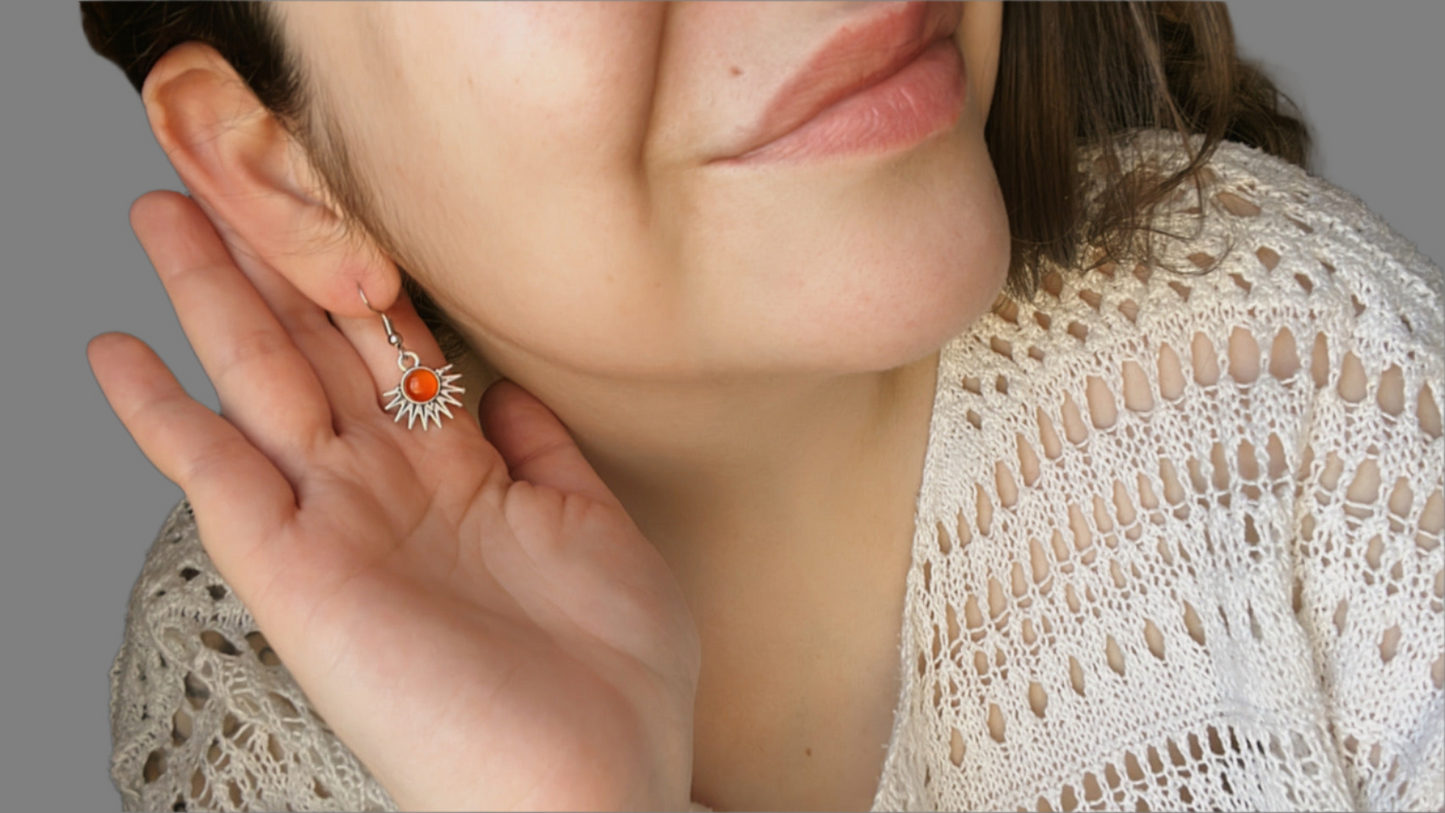 Carnelian Natural Stone Aztec Sun Earrings