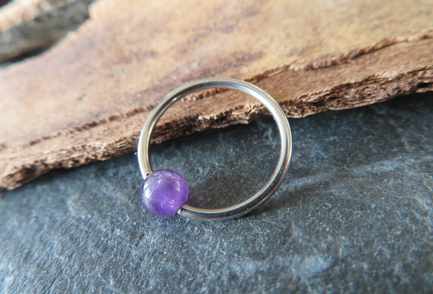 Amethyst Natural Stone Surgical Steel CBR Ring