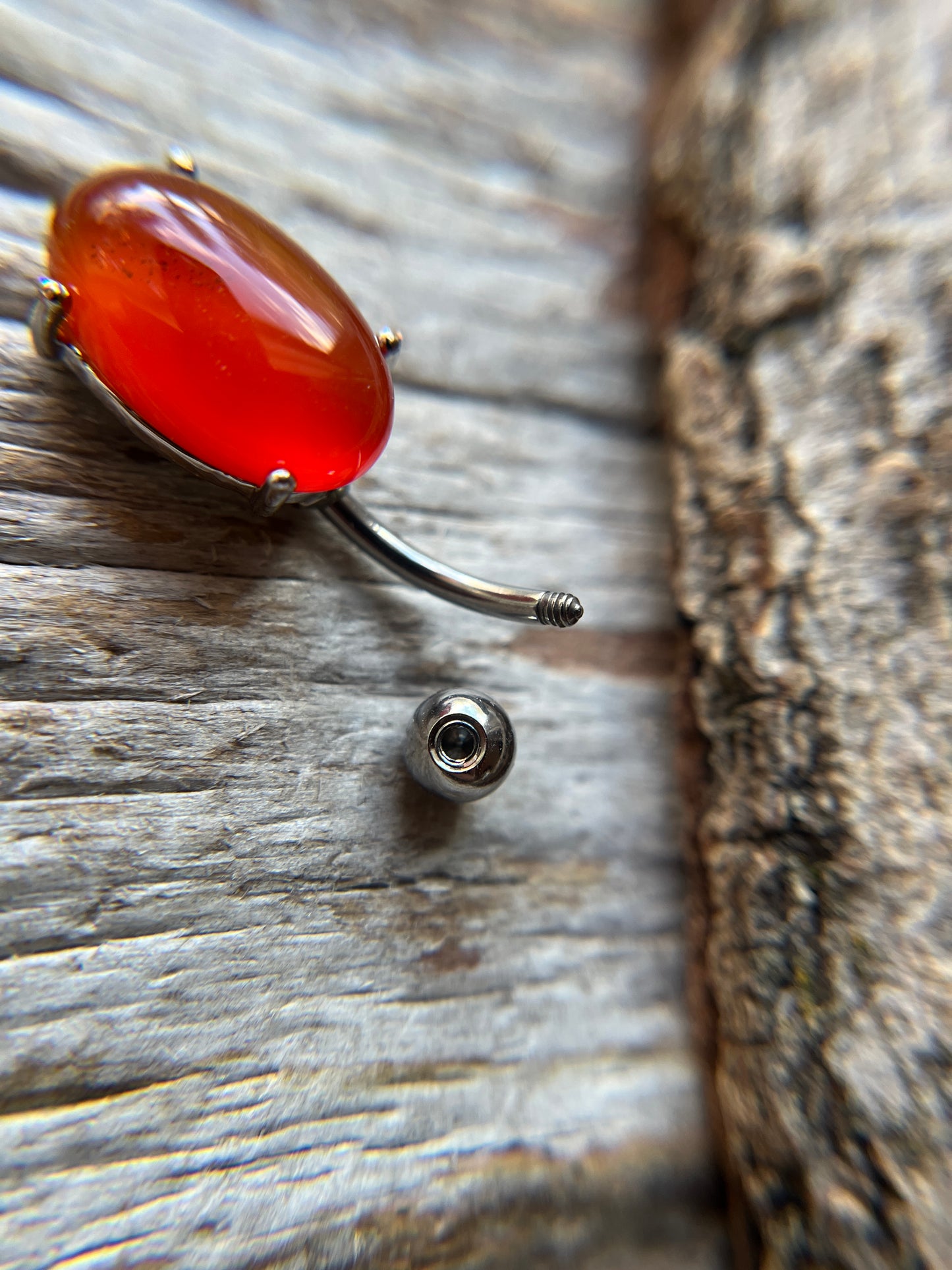 Carnelian Natural Stone Pronged Oval Belly Ring 316L Surgical Steel