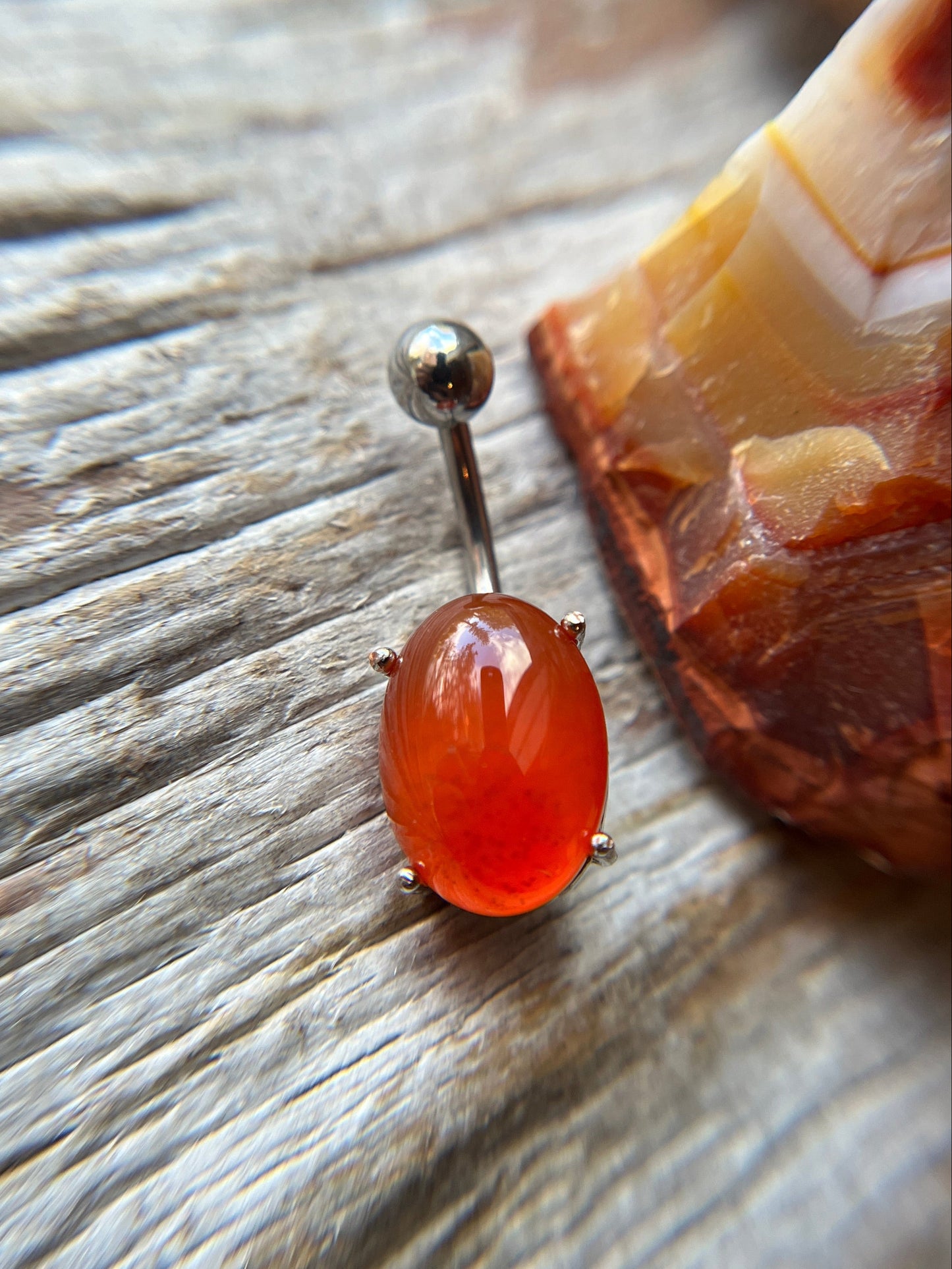 Carnelian Natural Stone Pronged Oval Belly Ring 316L Surgical Steel