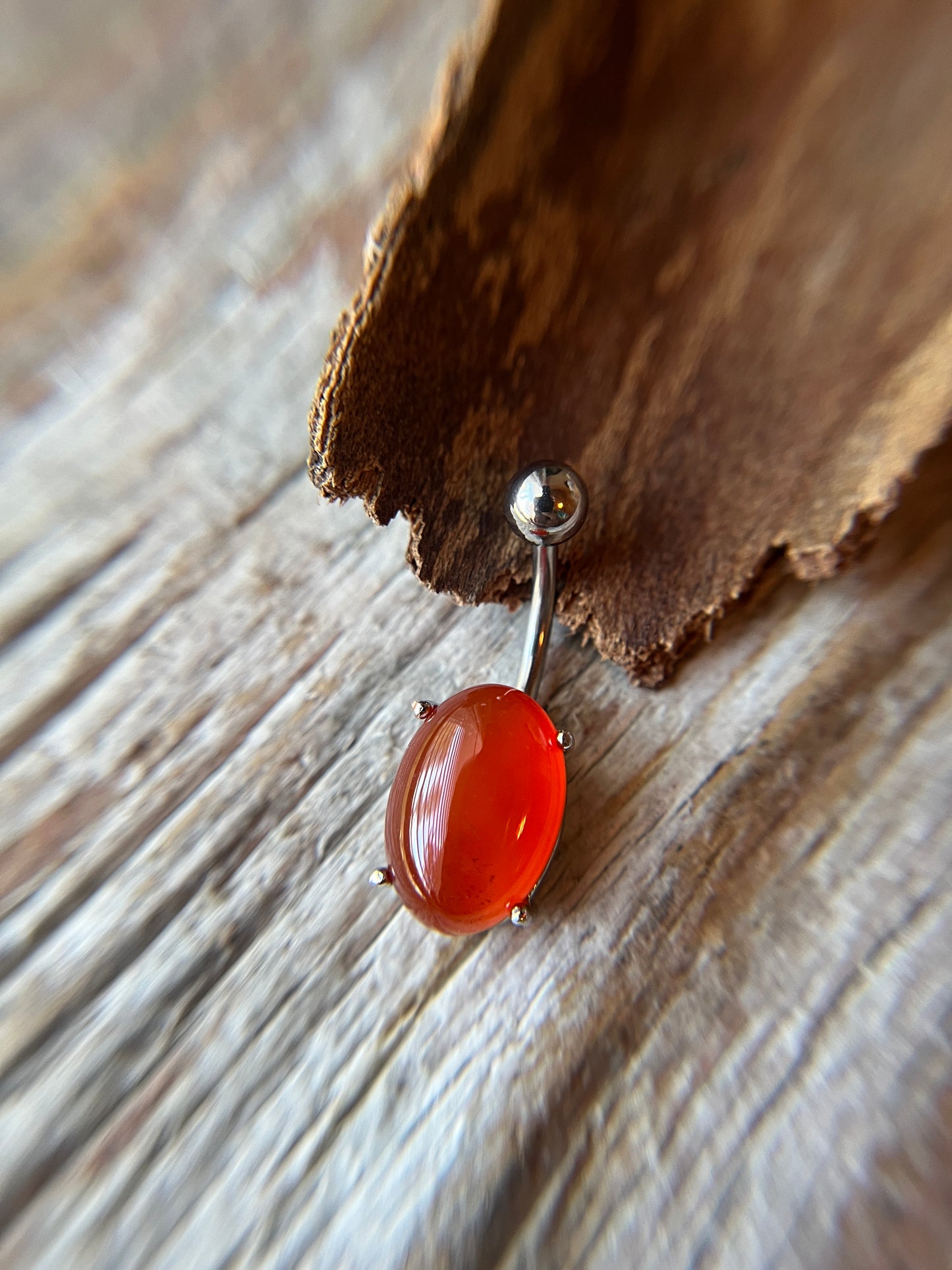 Carnelian Natural Stone Pronged Oval Belly Ring 316L Surgical Steel