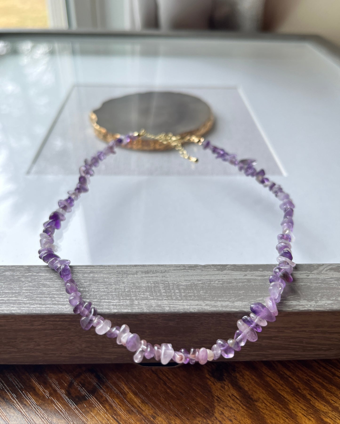 Amethyst Natural Stone Chip Choker Necklace with Gold Accents
