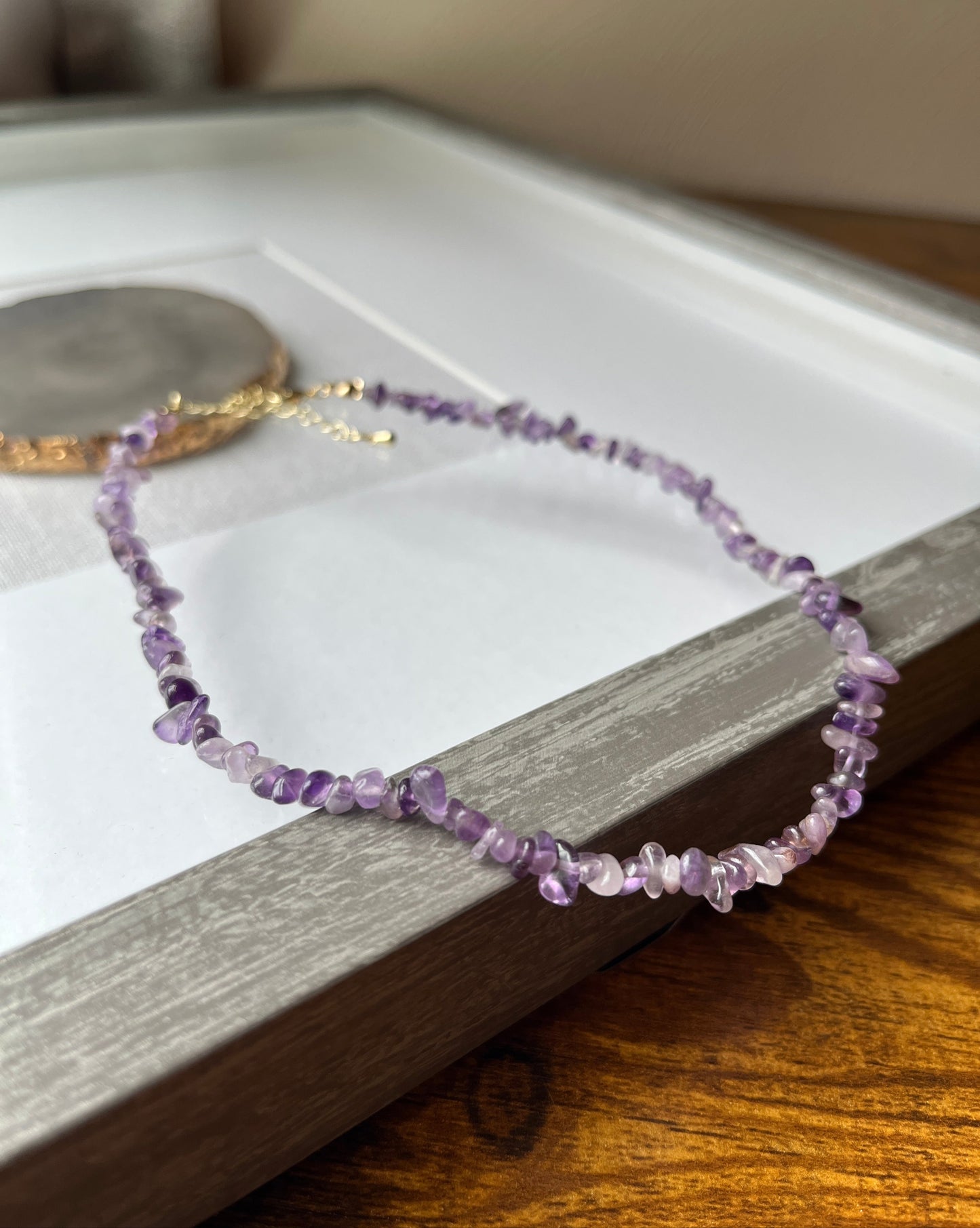 Amethyst Natural Stone Chip Choker Necklace with Gold Accents