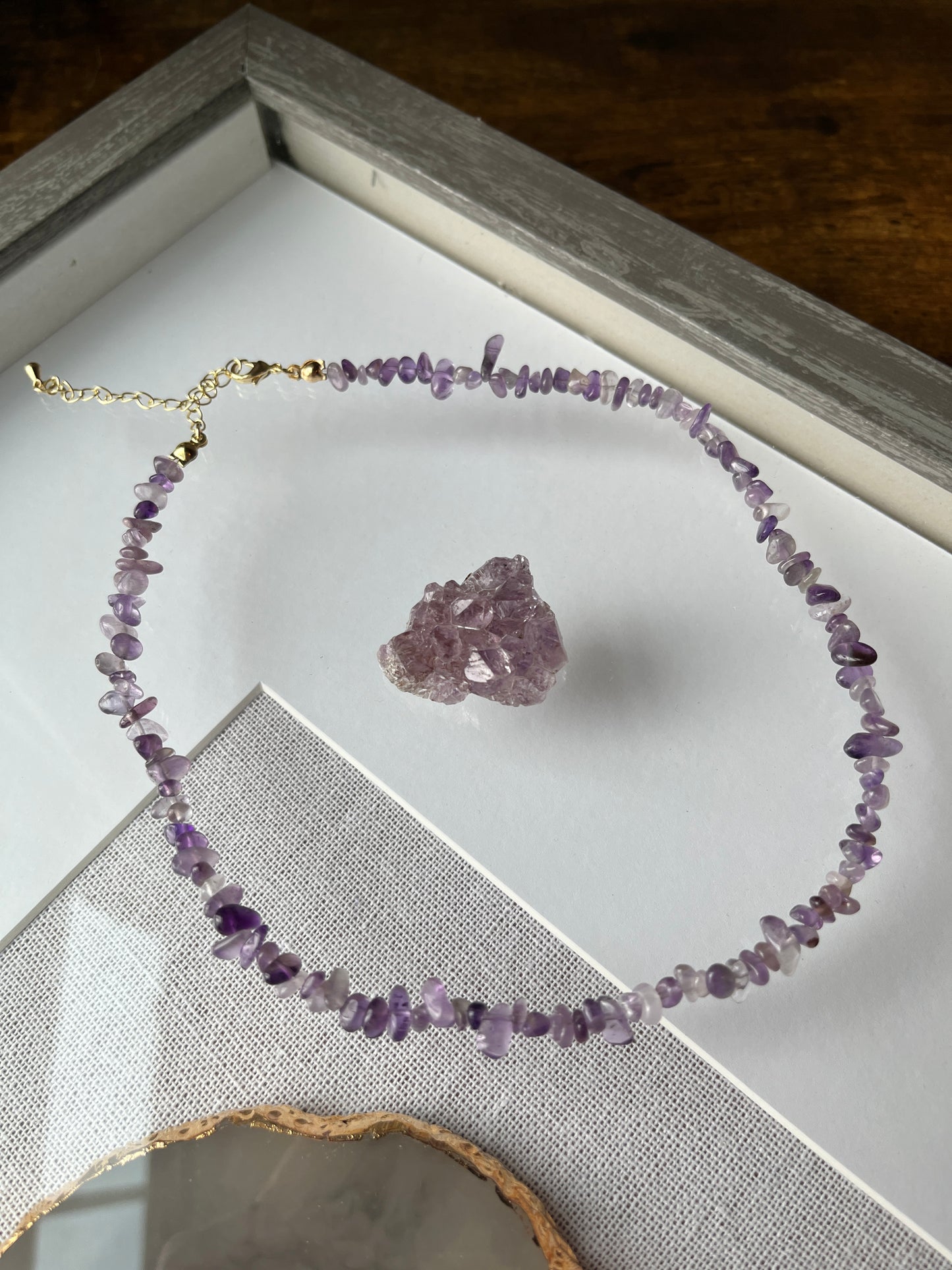 Amethyst Natural Stone Chip Choker Necklace with Gold Accents