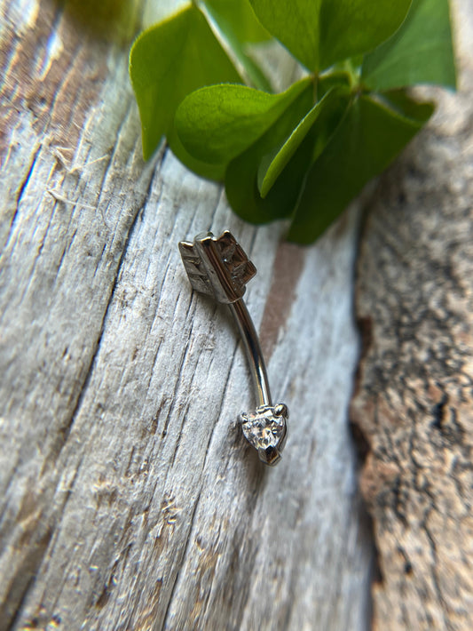Heart Arrow Pronged Crystal Gem 16G Curved Barbell 100% Surgical Steel
