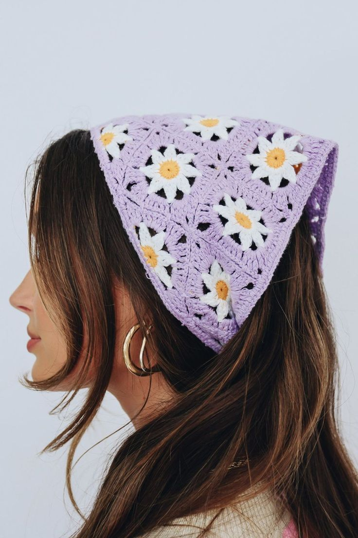 Vintage Style Lavender Purple Daisy Crochet Headscarf