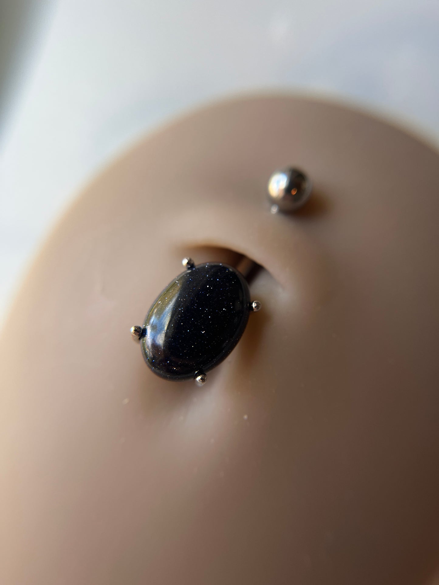 Galaxy Stone Blue Goldstone Pronged Oval Belly Ring 316L Surgical Steel