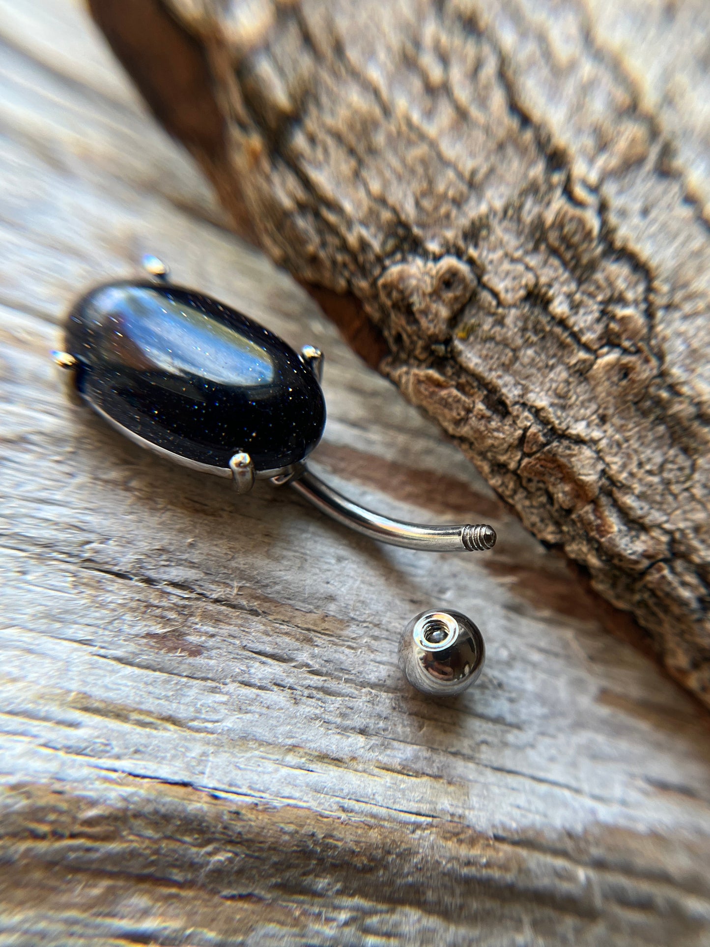 Galaxy Stone Blue Goldstone Pronged Oval Belly Ring 316L Surgical Steel